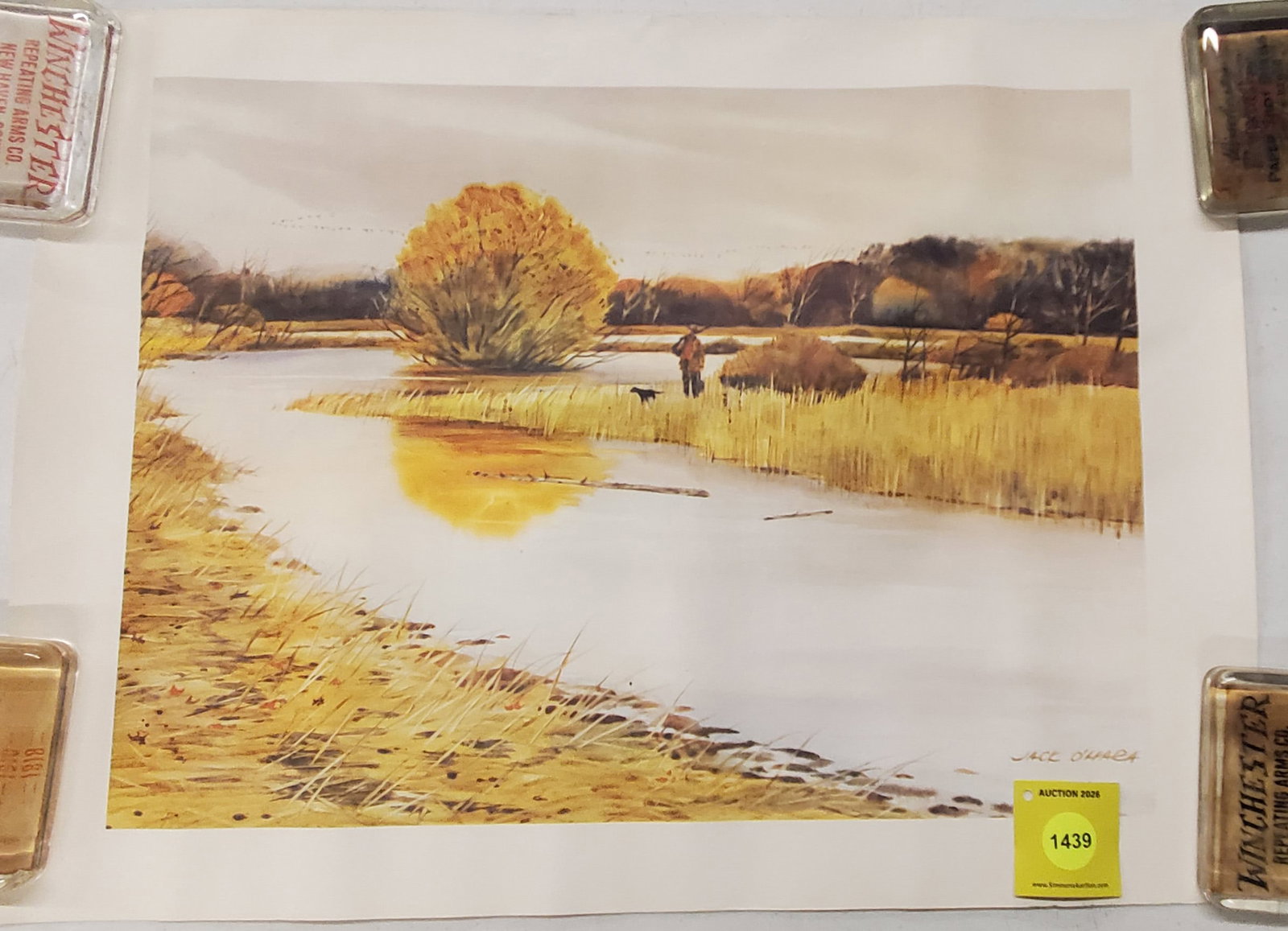 Jack O'Herea, artist reprint of hunter and dog near lake: Jack O'Herea, artist reprint of hunter and dog near lake