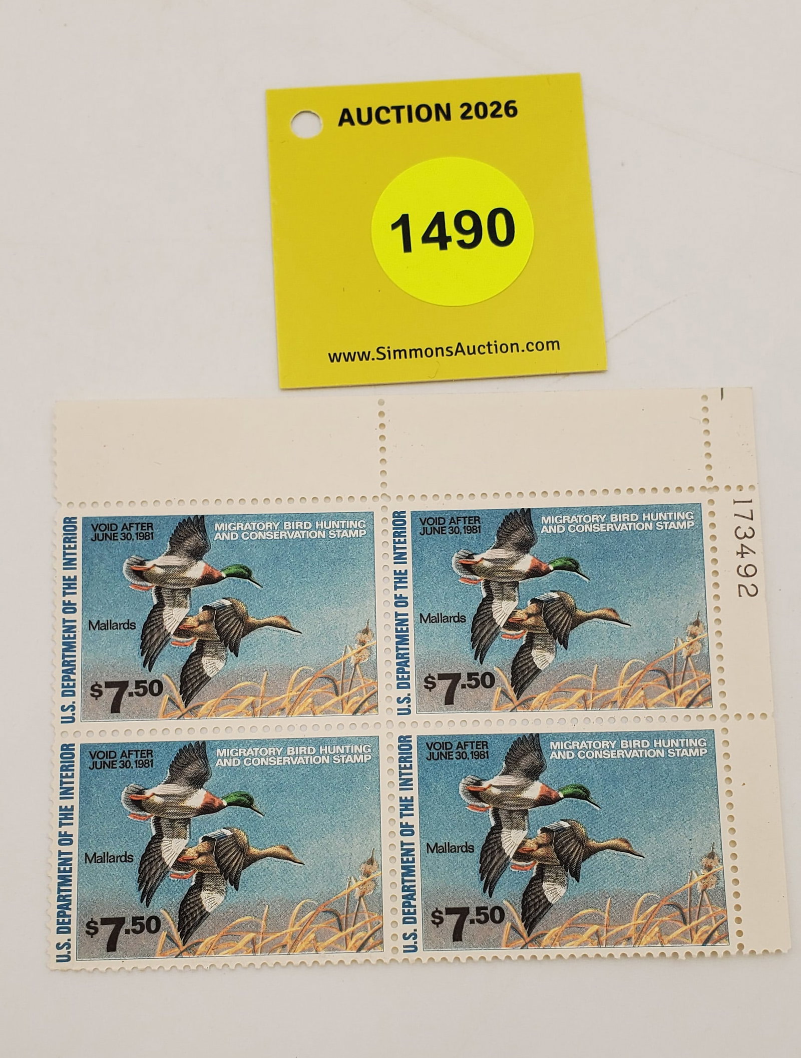 Block of 4 stamps Migratory Bird Hunting Stamps $7.50 RW?? (1981) Good Unused #173492: Block of 4 stamps Migratory Bird Hunting Stamps $7.50 RW?? (1981) Good Unused #173492