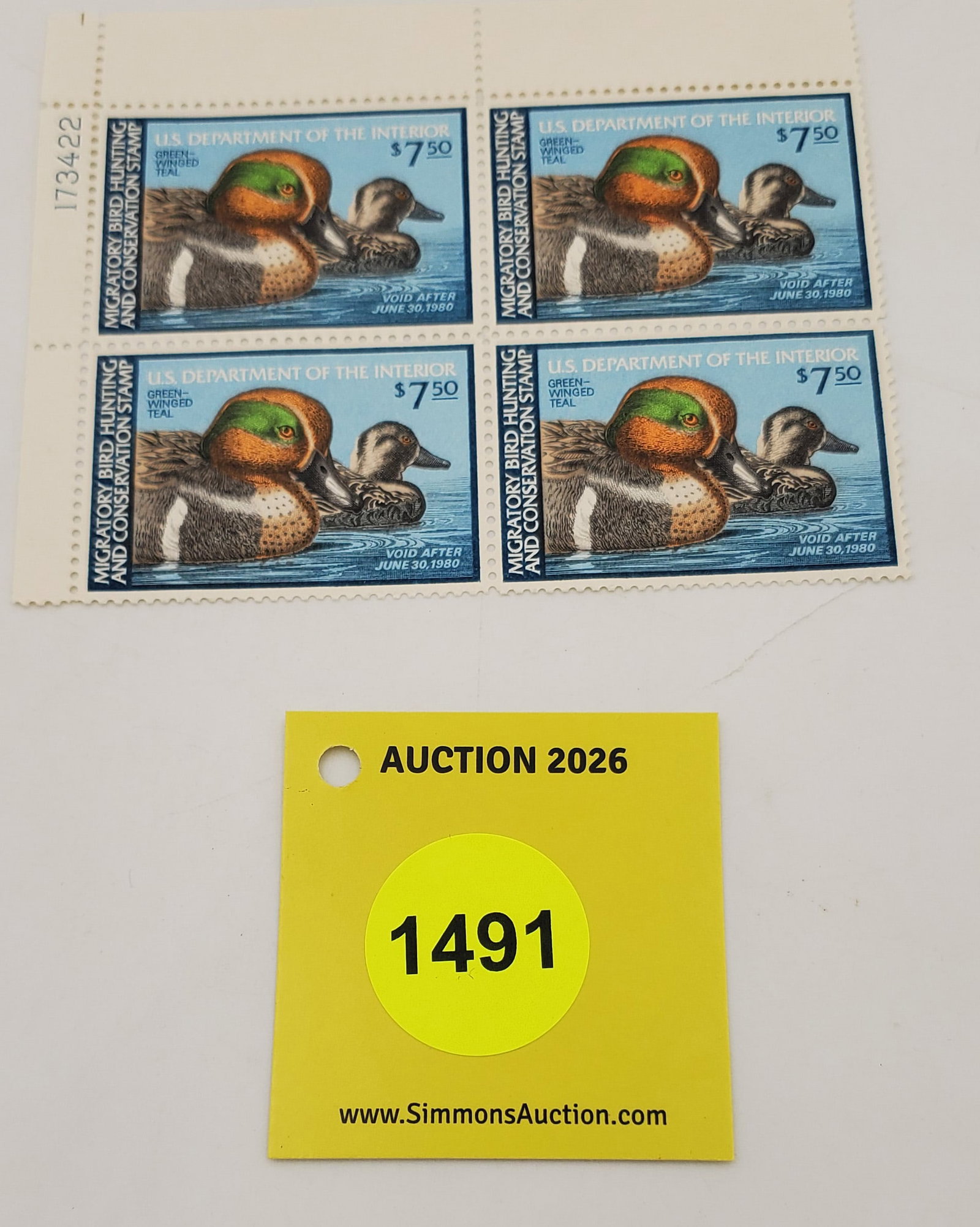 Block of 4 stamps Migratory Bird Hunting Stamps $7.50 RW?? (1980) Good Unused #173422: Block of 4 stamps Migratory Bird Hunting Stamps $7.50 RW?? (1980) Good Unused #173422