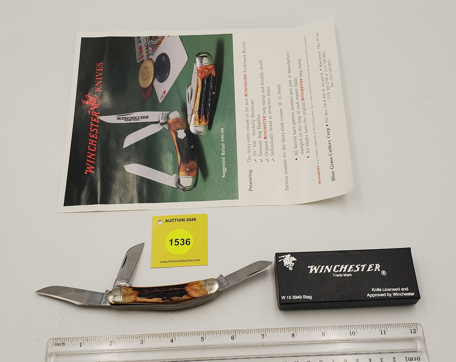 Pocket Knife: Winchester "Sowbelly Stockman" W15-3949-S-91, 3-Blade, Stag Handle w/ Black Box (GS...: Pocket Knife: Winchester "Sowbelly Stockman" W15-3949-S-91, 3-Blade, Stag Handle w/ Black Box (GS) and Matching Sales Flyer
