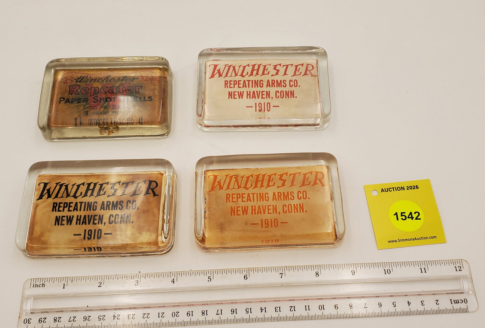 Lot of 4, Winchester Glass Advertising Paper Weights (1 of 2)