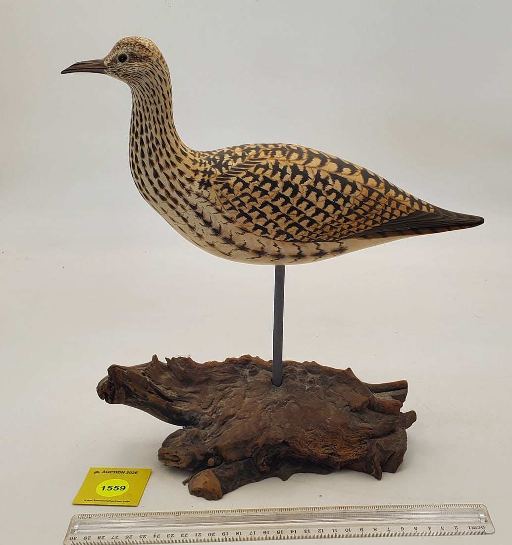 Decoy, wooden shorebird on driftwood, on bottom "Pettijohn 81", beak is broken (1 of 3)