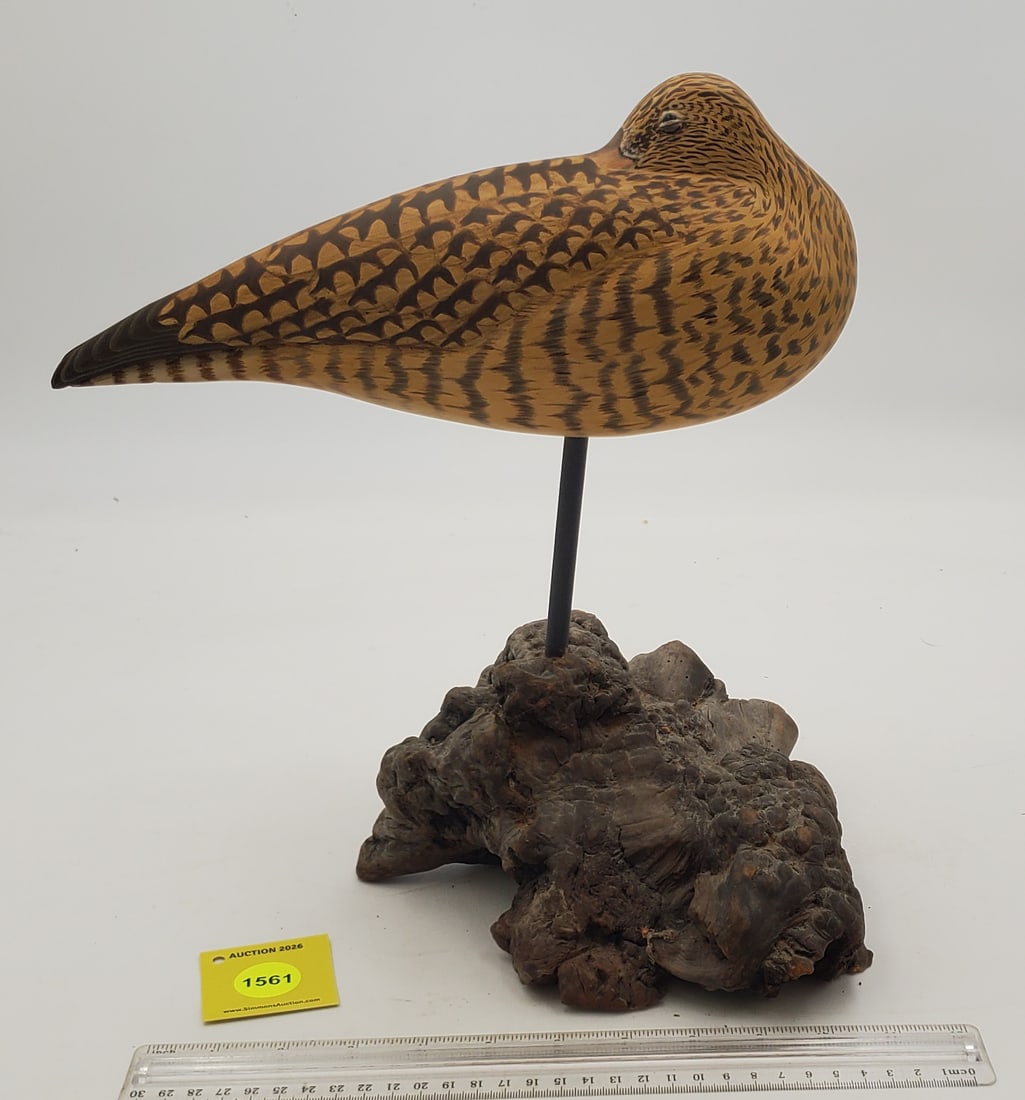 Decoy, wooden sandpiper on driftwood, on bottom "Pettijohn 81": Decoy, wooden sandpiper on driftwood, on bottom "Pettijohn 81"