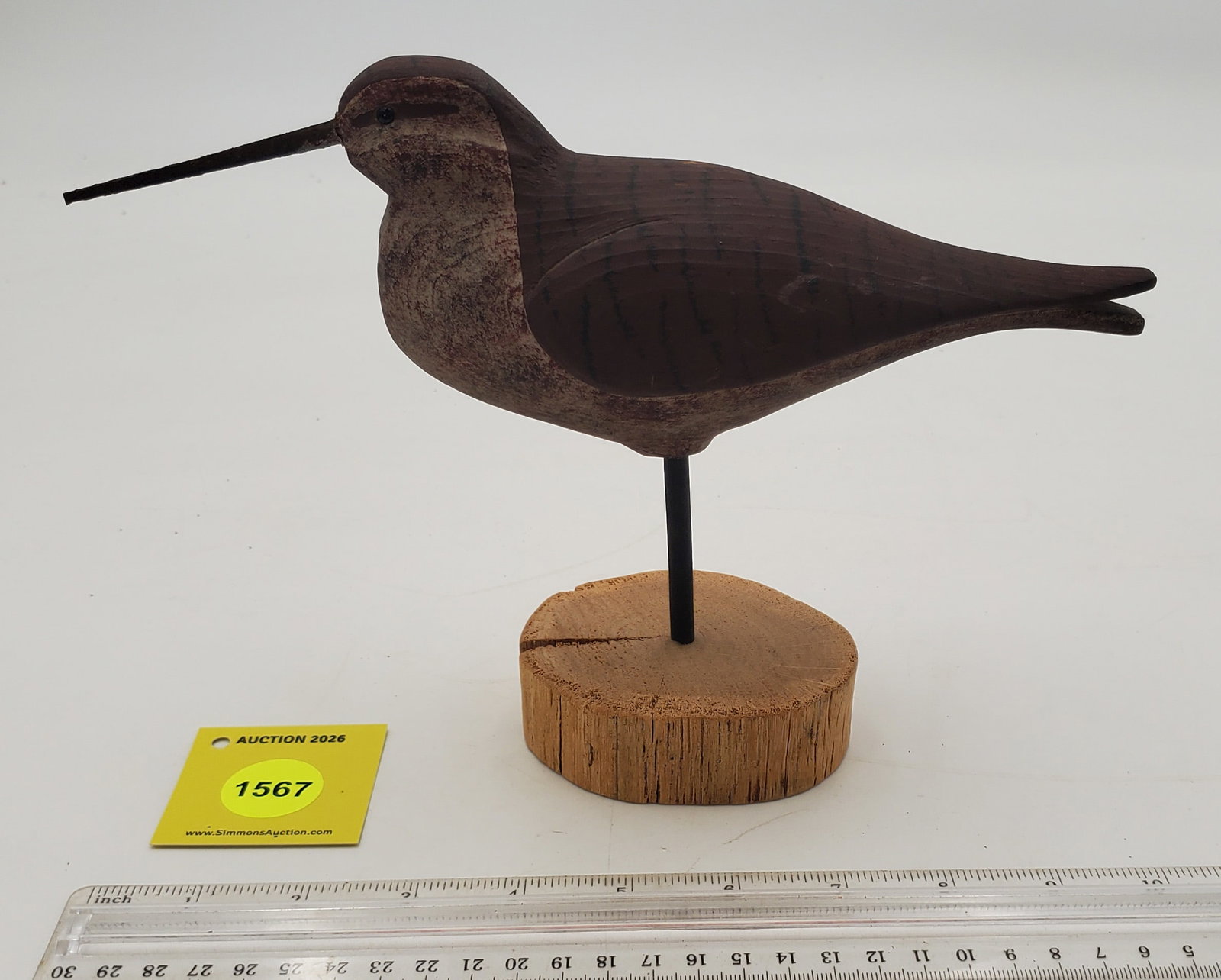 Decoy, wooden curlew bird, on bottom of bird stamped "SR White 093": Decoy, wooden curlew bird, on bottom of bird stamped "SR White 093"