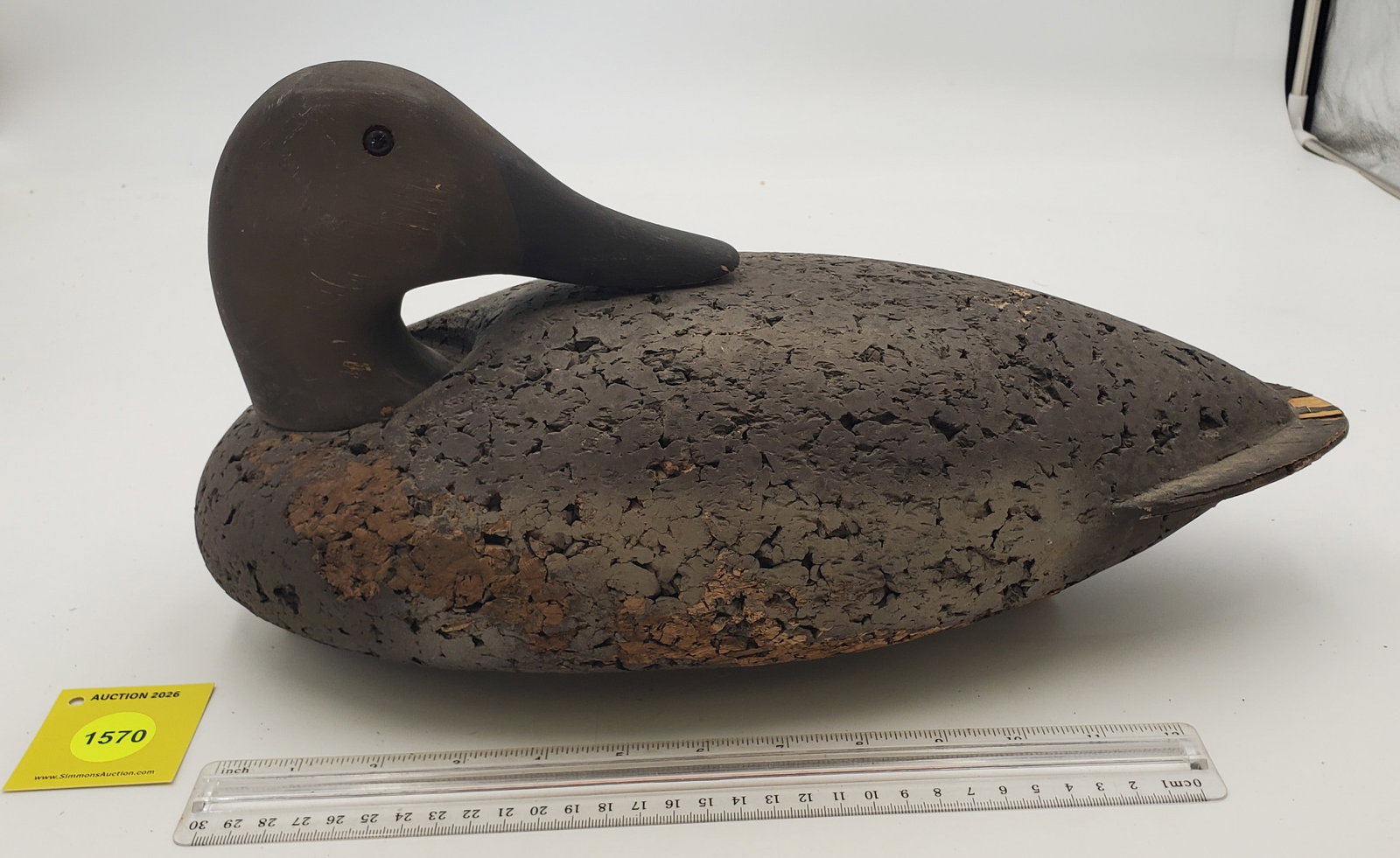 Decoy, canvasback hen with cork body and wooden head (1 of 3)