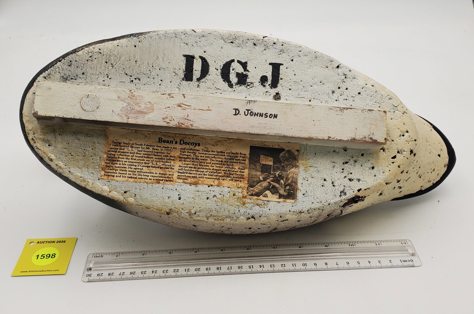 Decoy, Canadian goose w/cork body and wooden head, marked on bottom "DGJ, D. Johnson" - 3