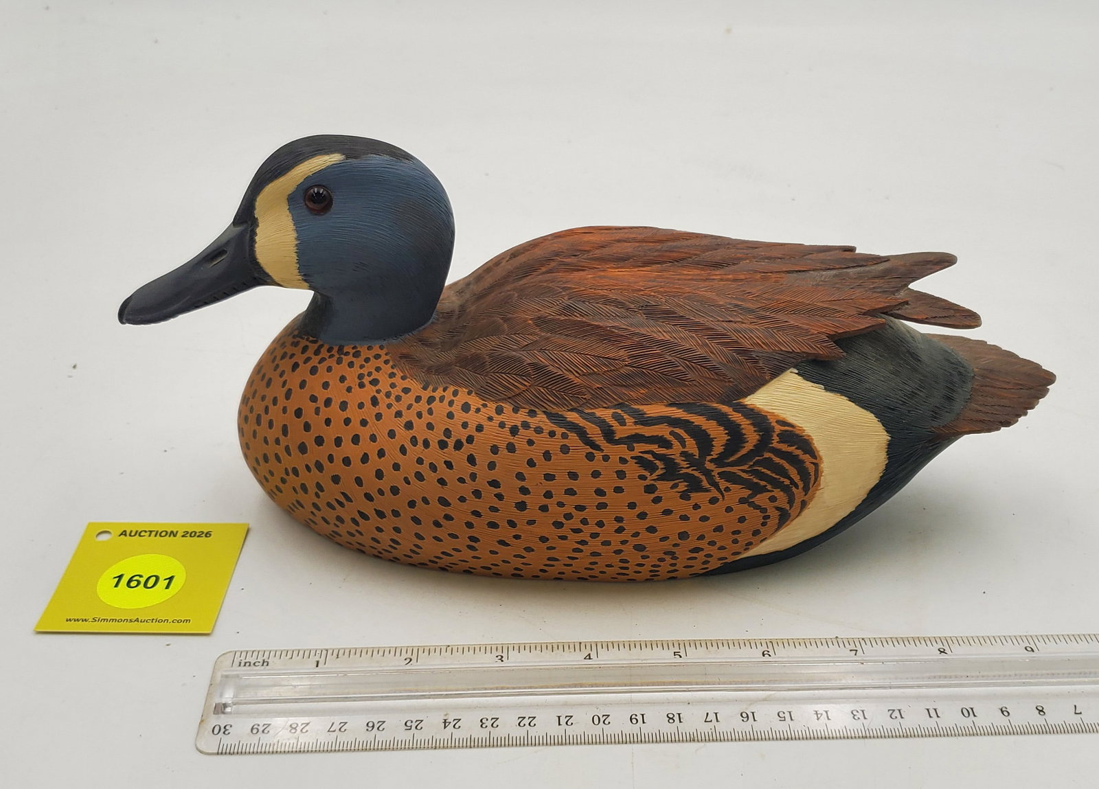 Decoy, wooden blue-winged teal duck, marked on bottom "B. Wall 3.7.82 No 1" (1 of 3)