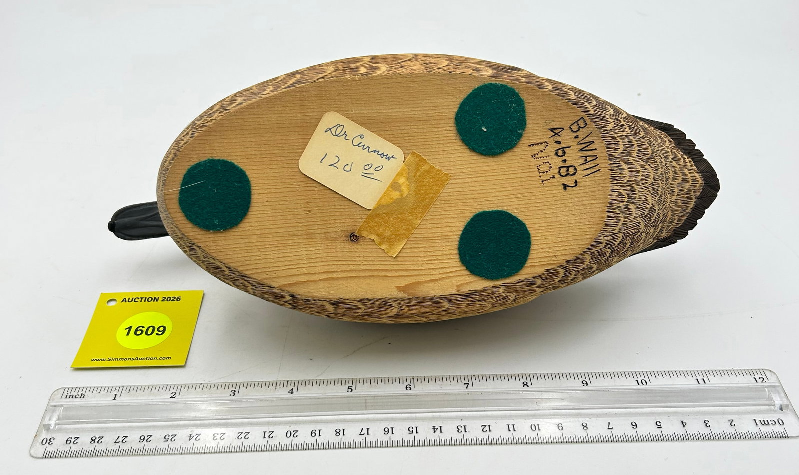 Decoy, wooded pintail, marked "B. Wall 4.6.82 No.1" on bottom - 4
