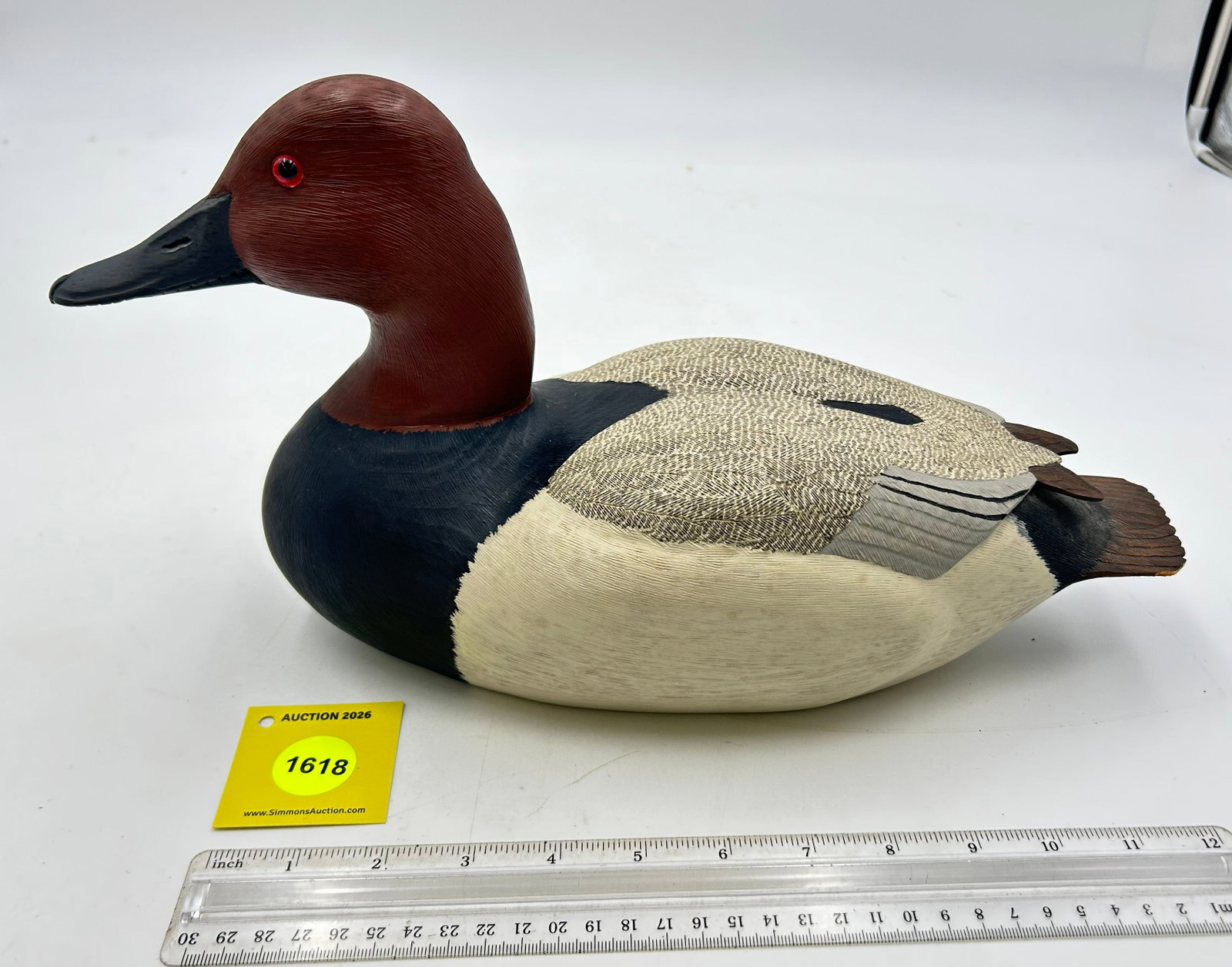 Decoy, Wooden Canvasback Drake duck. On bottom is carved "B.WAII 1-21-81 (1 of 5)