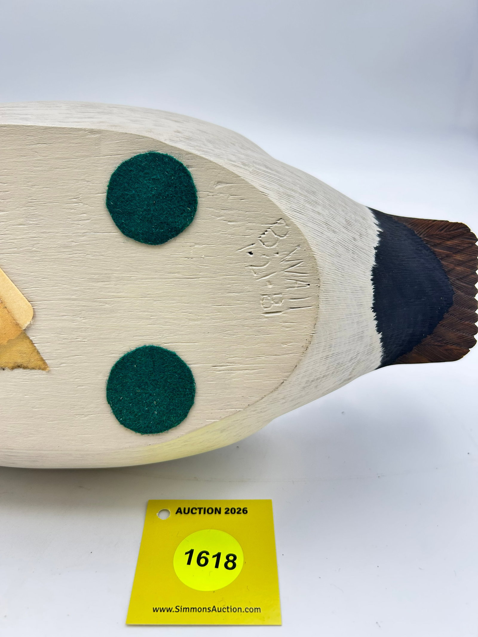 Decoy, Wooden Canvasback Drake duck. On bottom is carved "B.WAII 1-21-81 - 5