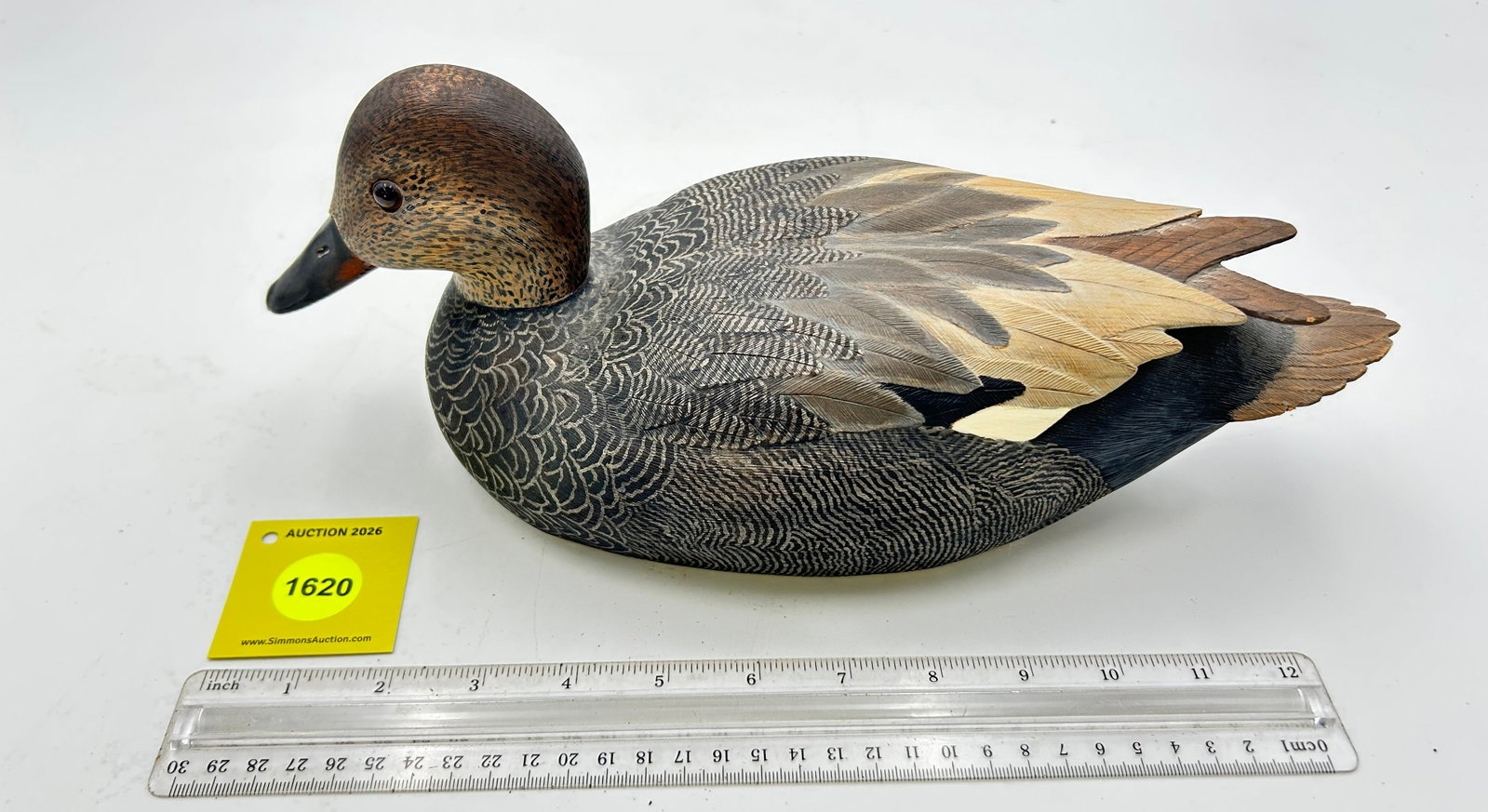 Decoy, Wooden Gadwall Drake duck. On bottom National wildlife art show sticker, B. WAII 1-6-80, #1 (1 of 5)