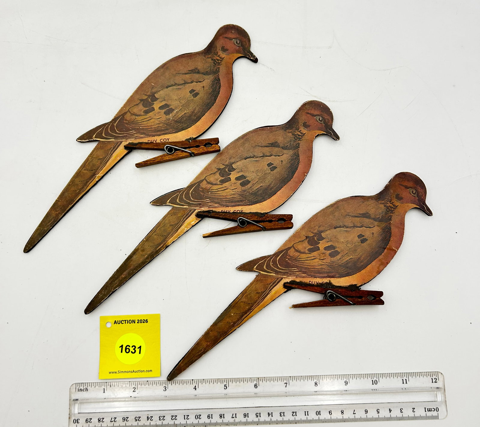 Lot of 3 Decoy, Wooden Duv Coy Morning Doves w/ wooden clothespin (1 of 4)