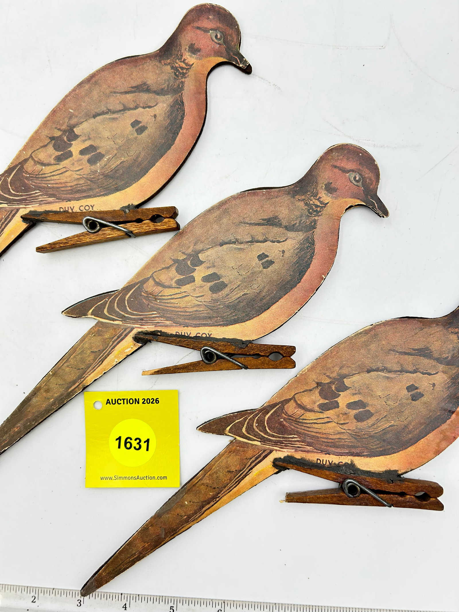 Lot of 3 Decoy, Wooden Duv Coy Morning Doves w/ wooden clothespin - 2