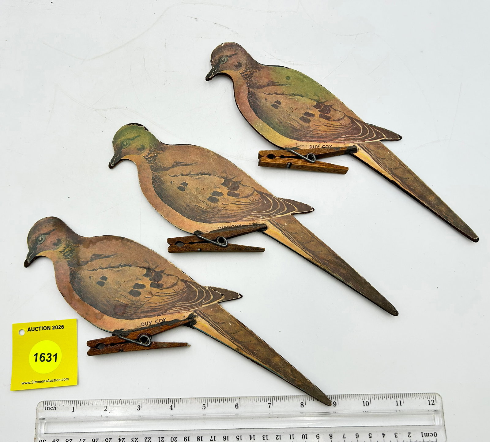 Lot of 3 Decoy, Wooden Duv Coy Morning Doves w/ wooden clothespin - 3