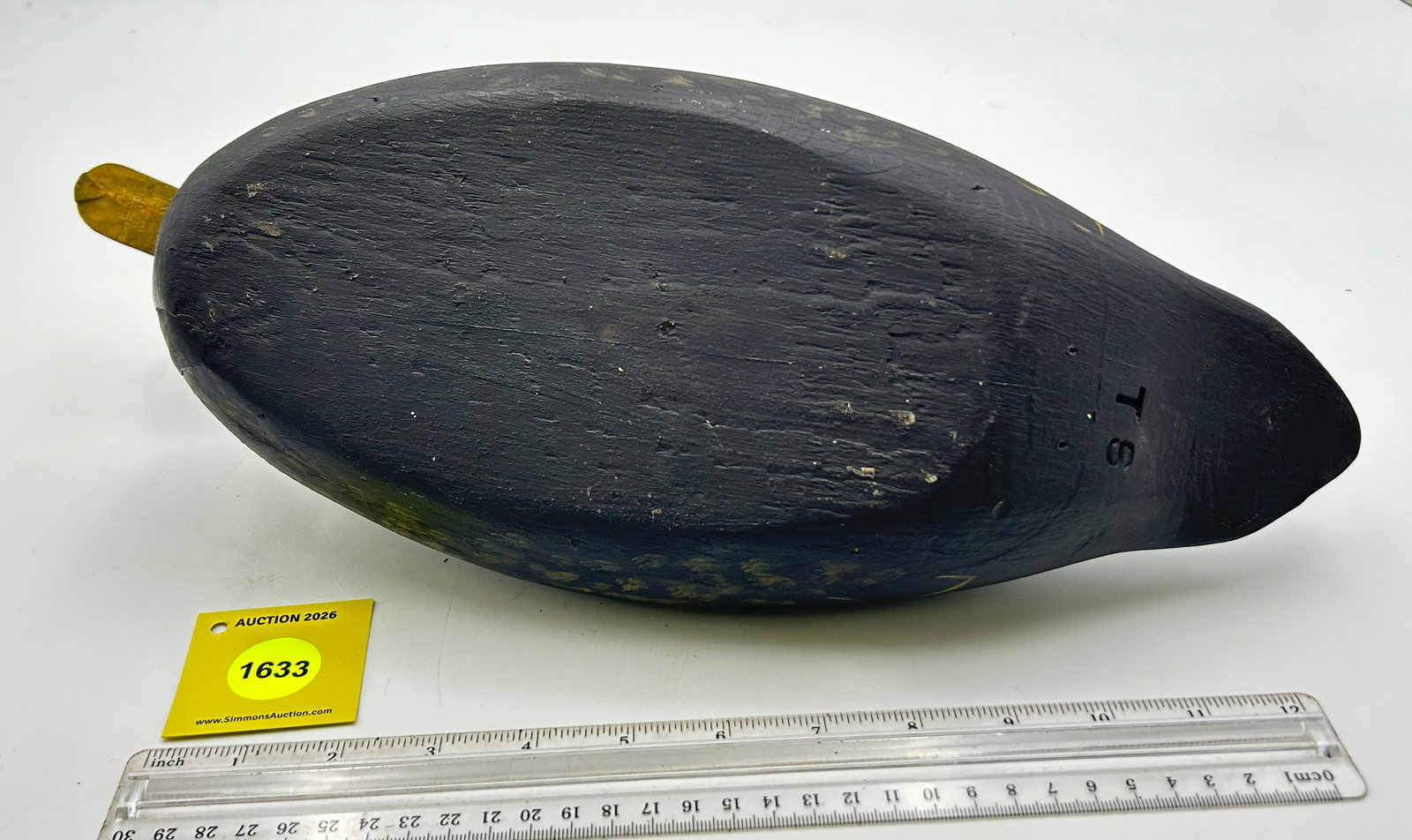 Decoy, Wooden Black duck. On bottom marked "TS". - 4