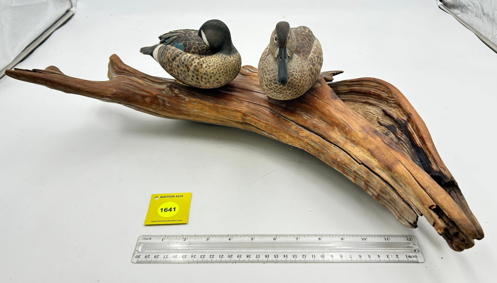 Decoy, Wooden ducks on natural driftwood base. One duck is broke off of base (1 of 10)