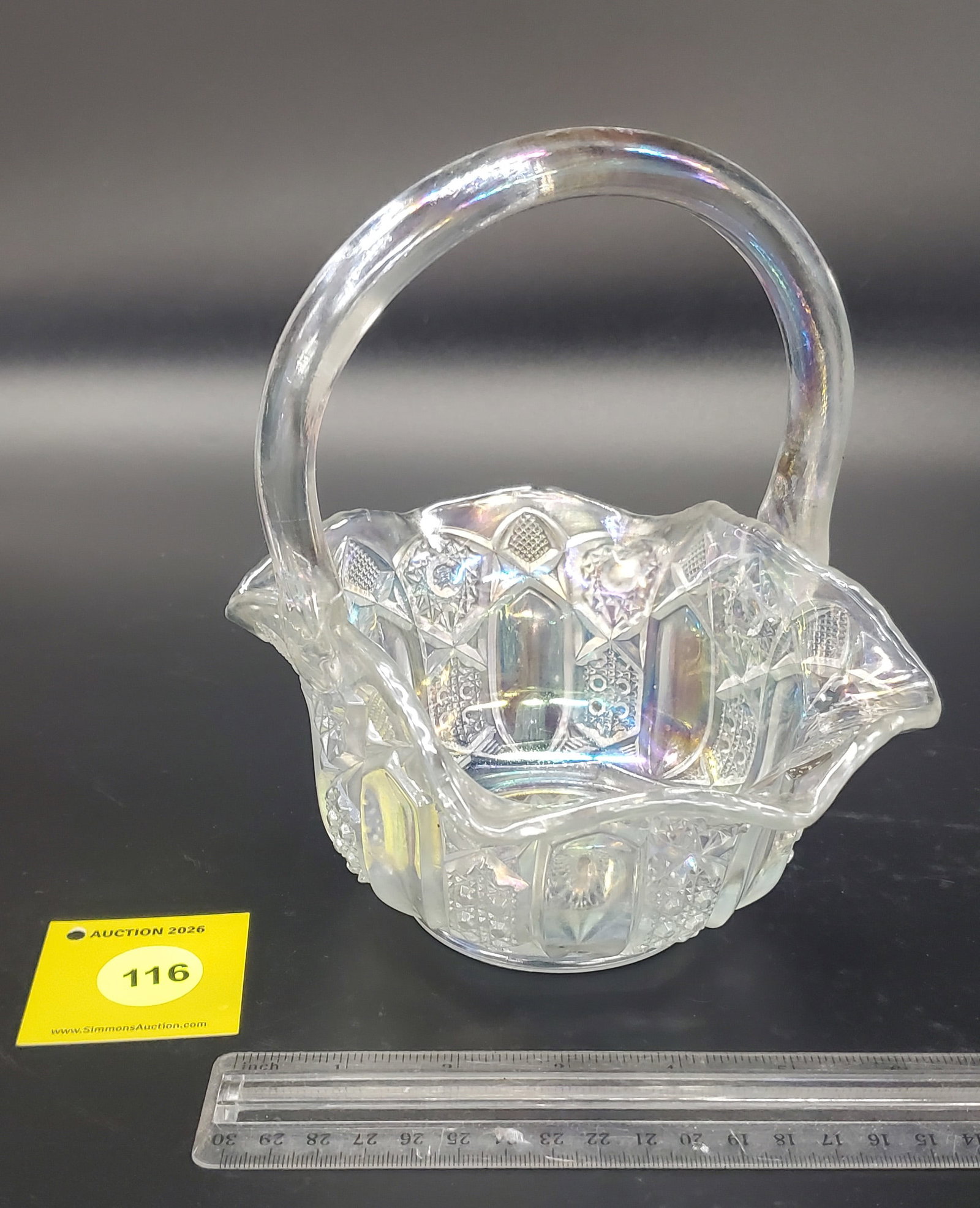 LE Smith Glass Basket Iridescent Quintec Carnival Glass - 2