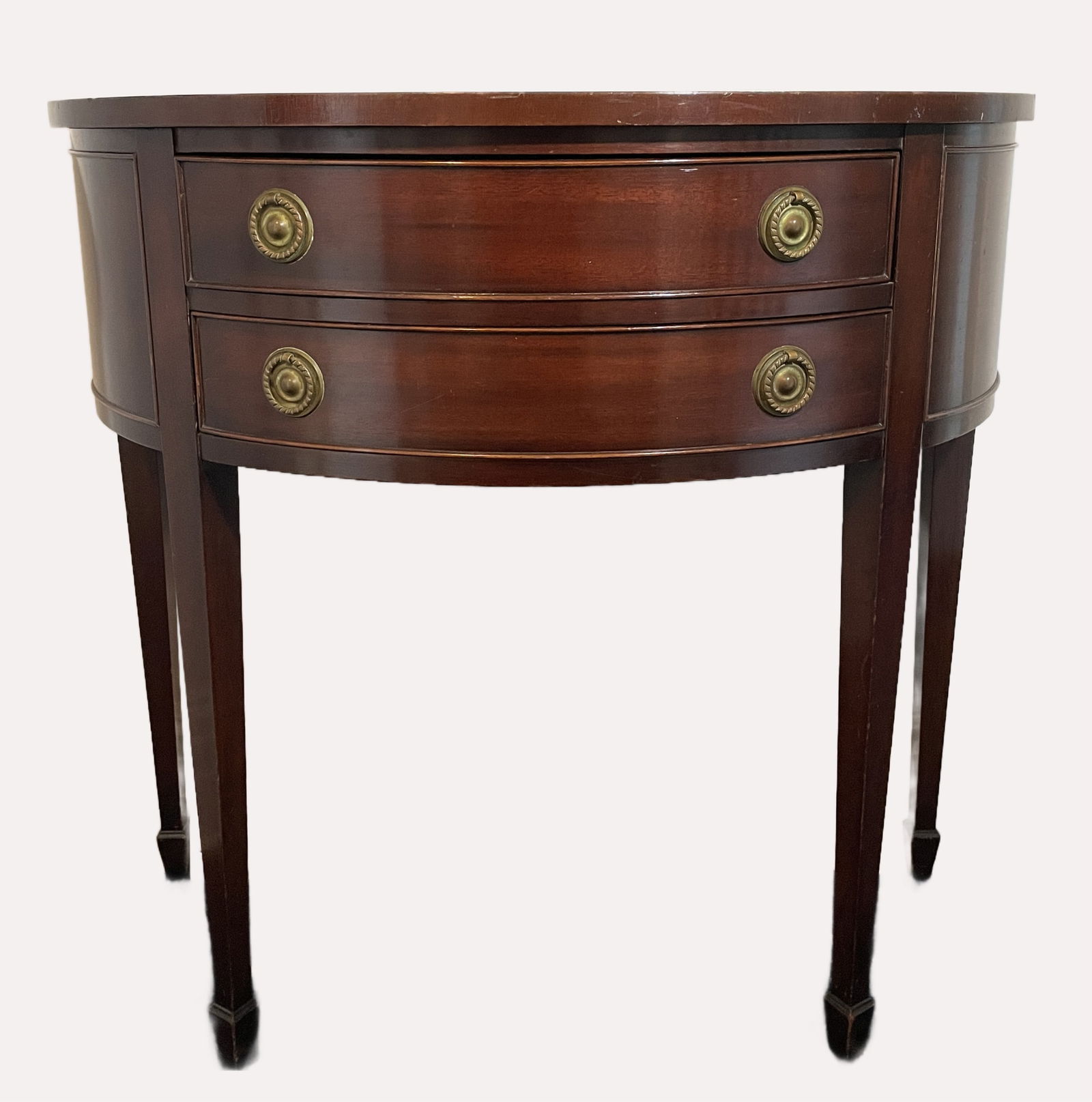 Mahogany Demilune 2-drawer leather top side table: Mahogany Demilune 2-drawer, leather top side table