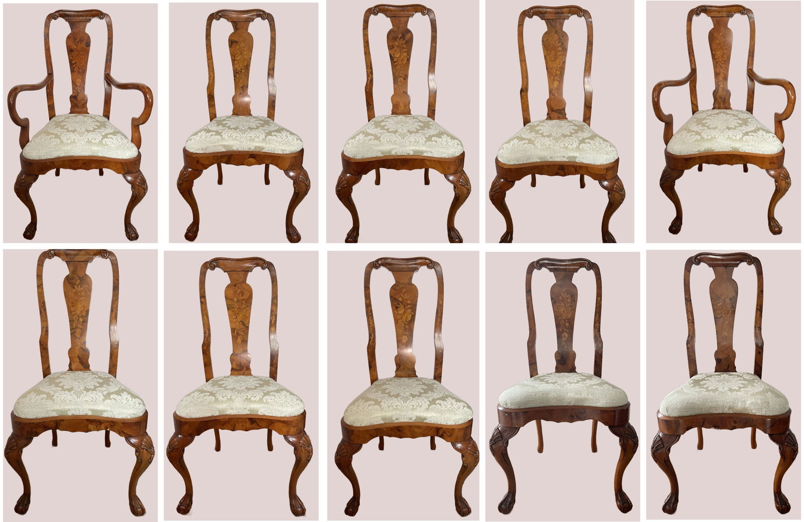 Vintage Queen Anne Style Italian Burl Patchwork Floral Inlay Dining Chairs (Set of 10): Vintage Queen Anne style Italian burl patchwork floral inlay dining chairs - a pair of arm chairs and 8 side chairs. Item features floral inlay to backrests, burl patchwork frames, carved ball and cla