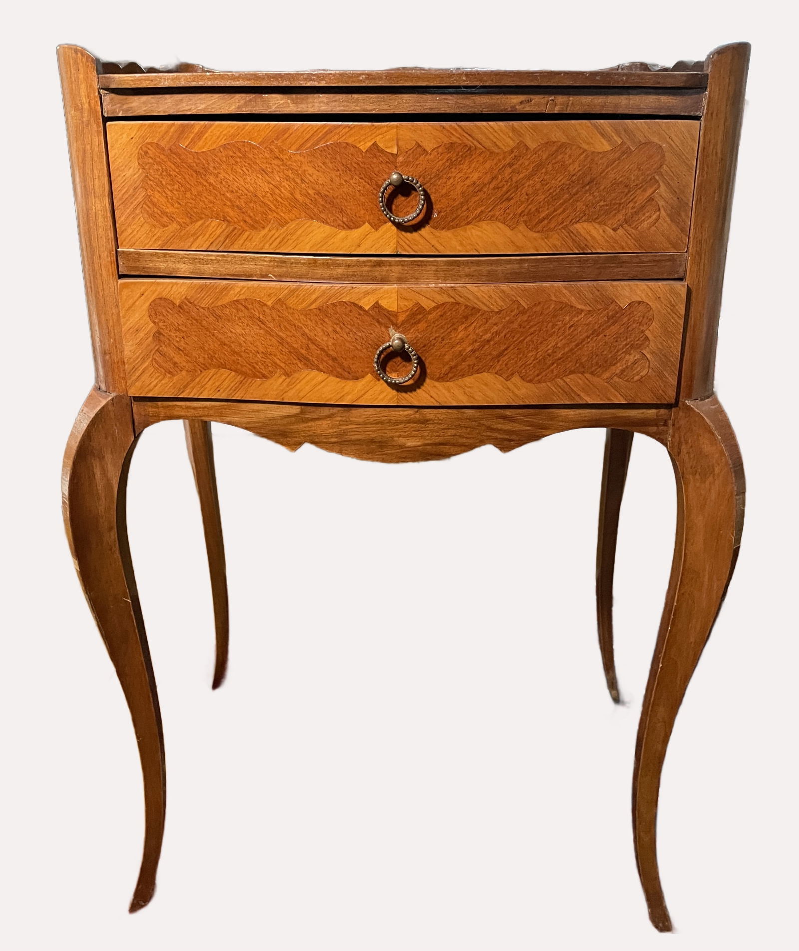 Antique French Louis XV Style Side Table: Antique French Louis XV Style Side Table, Featuring walnut wood with marquetry inlay and brass ring pulls.