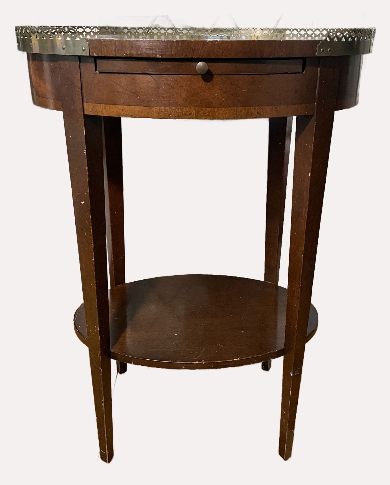 Mid-Century Mahogany English Provincial Oval Side Table With Brass Gallery and Pull Out Tray (1 of 7)