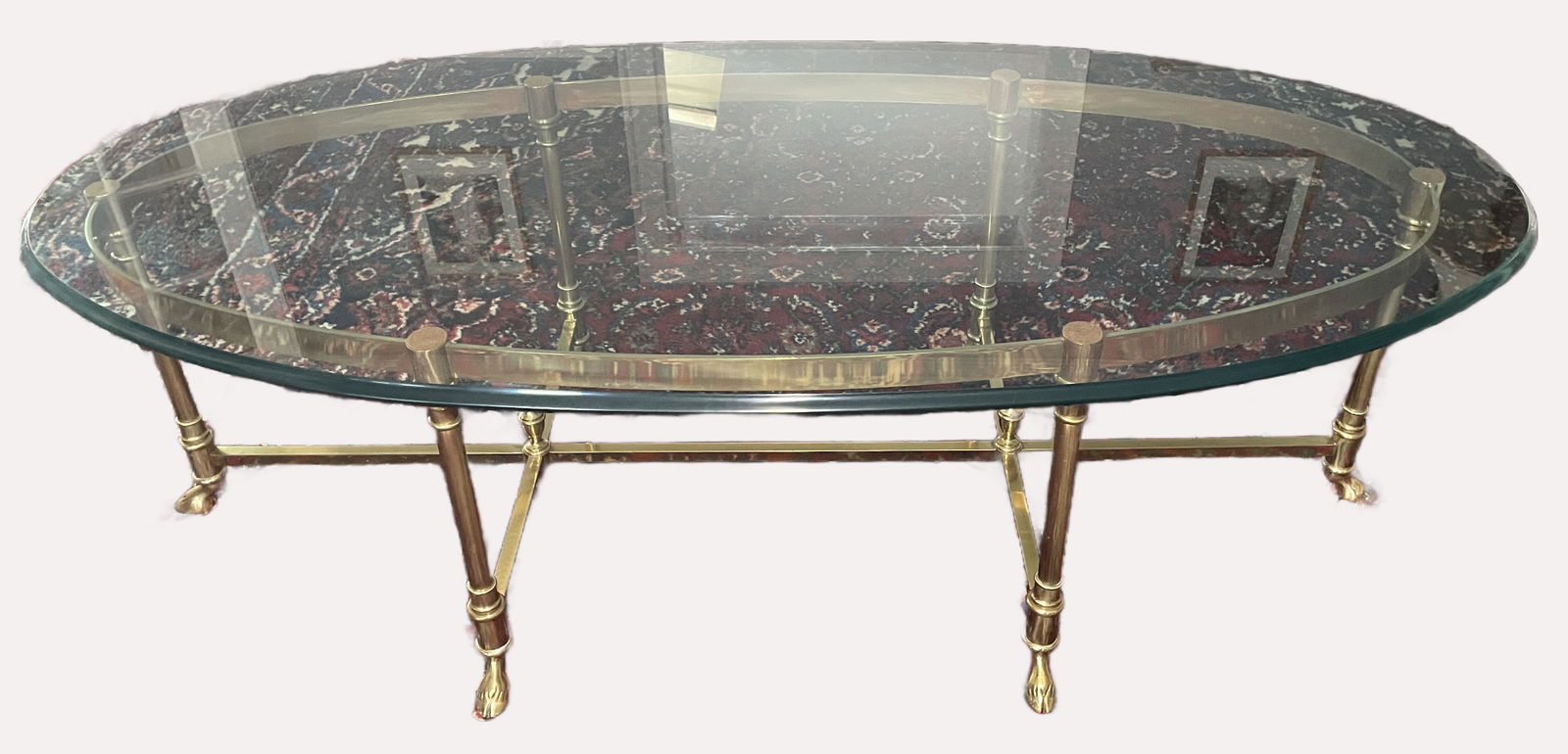 Hollywood Regency Mastercraft Brass Hoof Feet Coffee Table Racetrack Glass Top (1 of 8)