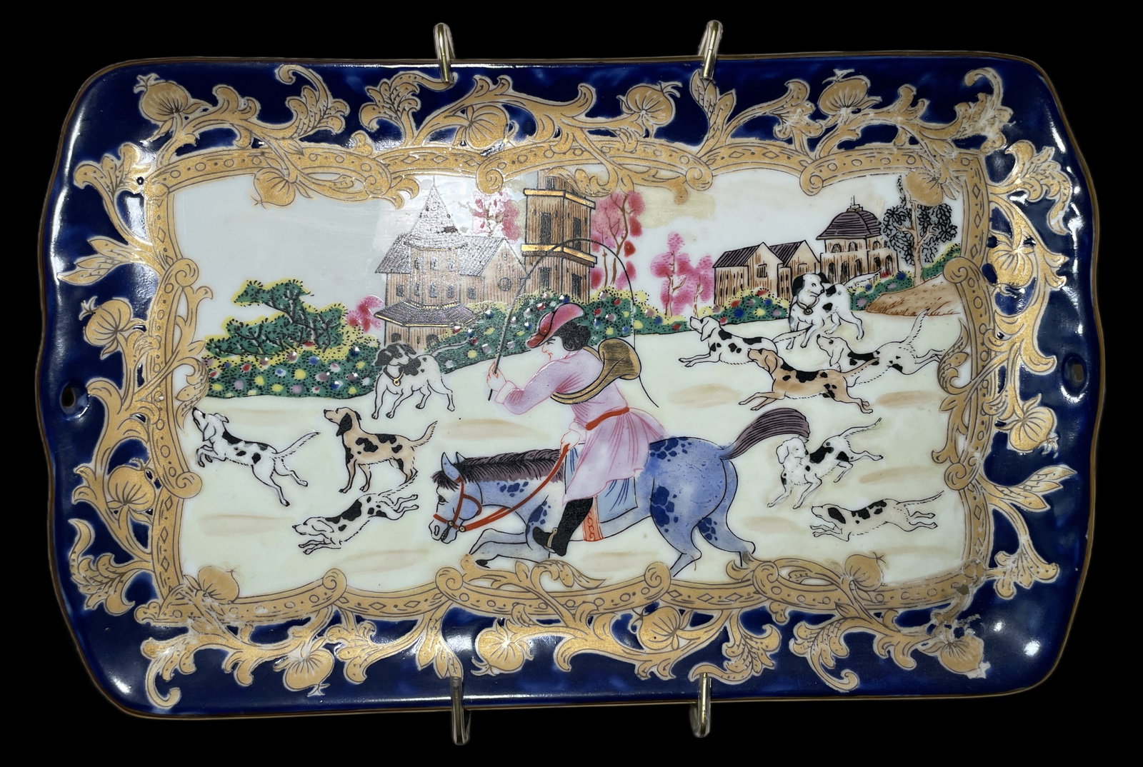 Vintage 11" Chinese Cobalt Blue and Gold Gilt Fox Hunt Porcelain Rectangular Plate: Vintage 11" Chinese Cobalt Blue and Gold Gilt Fox Hunt Porcelain Rectangular Plate