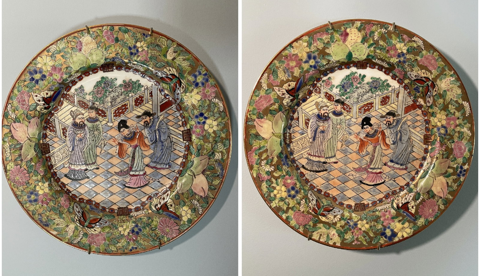Pair of vintage Chinese Famille Rose porcelain plates, likely from the early to mid-20th century: Pair of vintage Chinese Famille Rose porcelain plates, likely from the early to mid-20th century. These decorative plates are hand-painted and feature a central court scene surrounded by a colorful fl