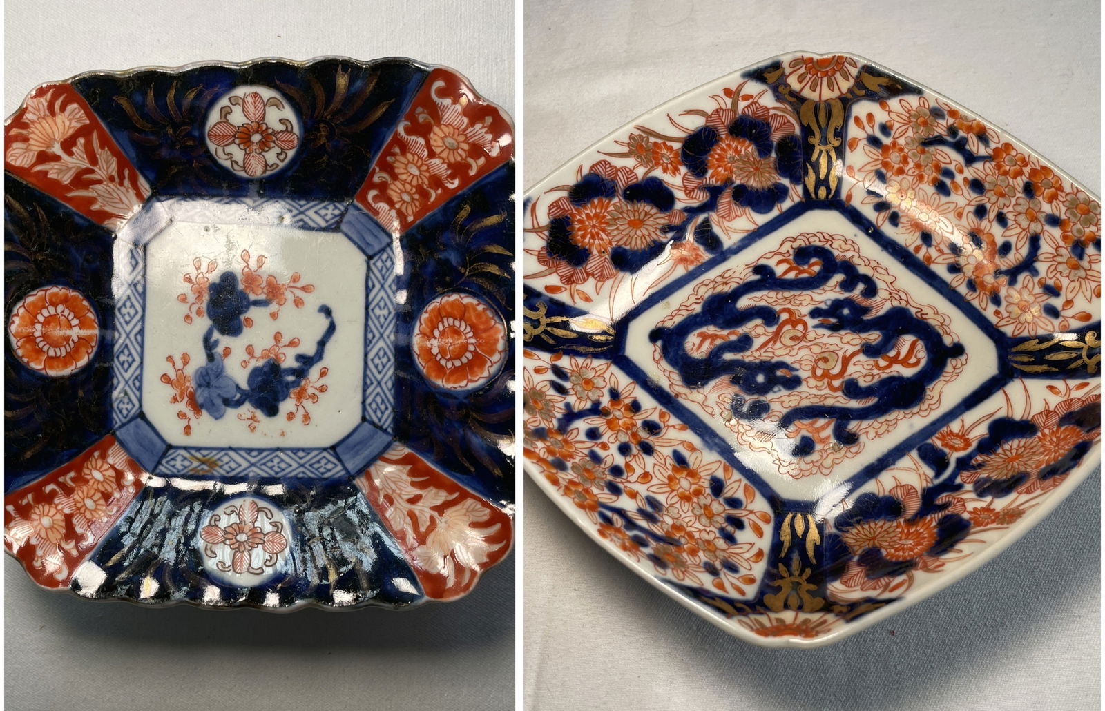 Pair of Antique Japanese Imari porcelain rectangular plates: Antique Japanese Imari porcelain plate, likely dating from the late 19th to early 20th century. It features a distinctive square, scalloped shape and hand-painted floral motifs