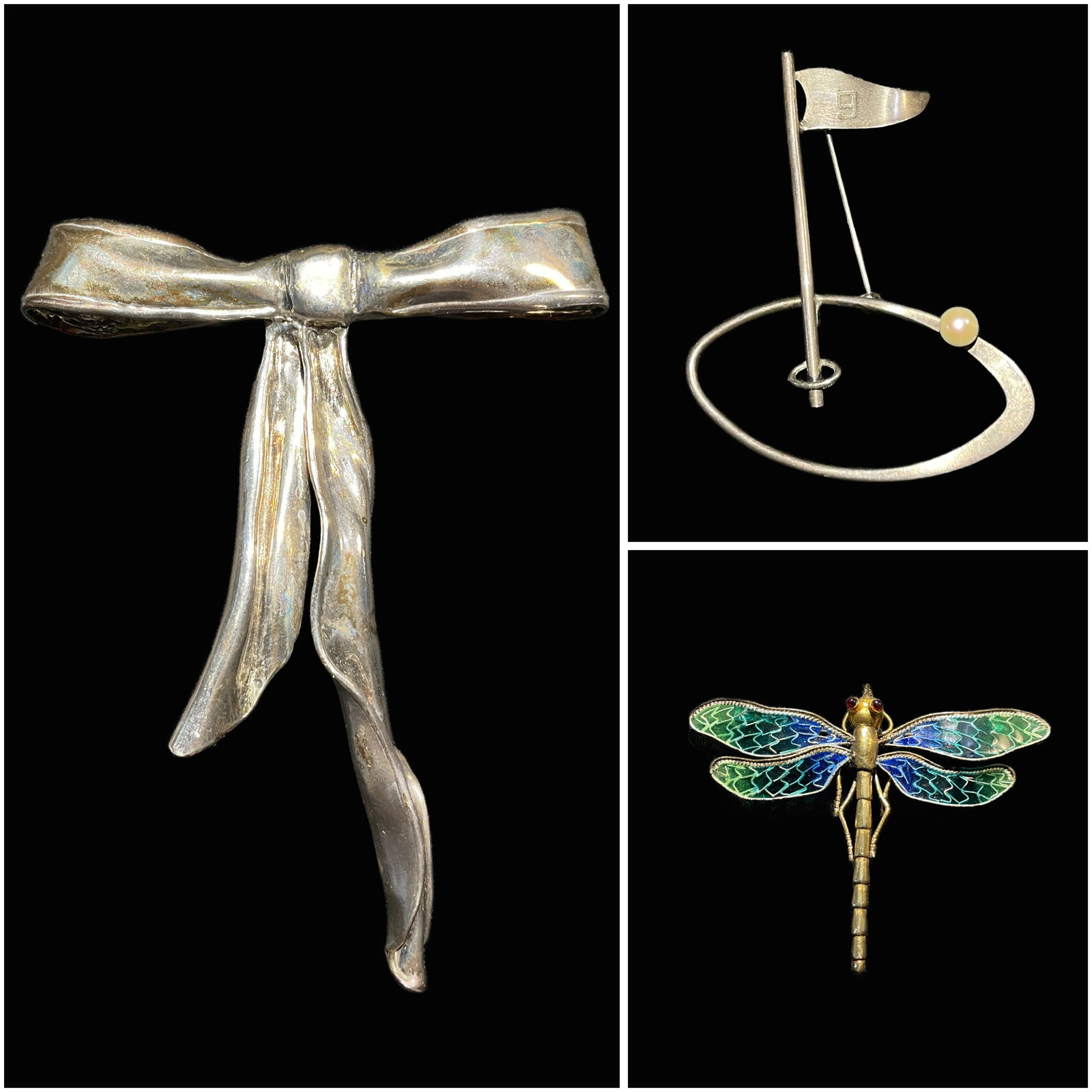 Collection of Sterling Silver Brooch/Pins: Collection of vintage jewelry items, including a sterling silver bow brooch, a golf-themed pin with a flag and pearl, and a dragonfly brooch with detailed enamel wings.