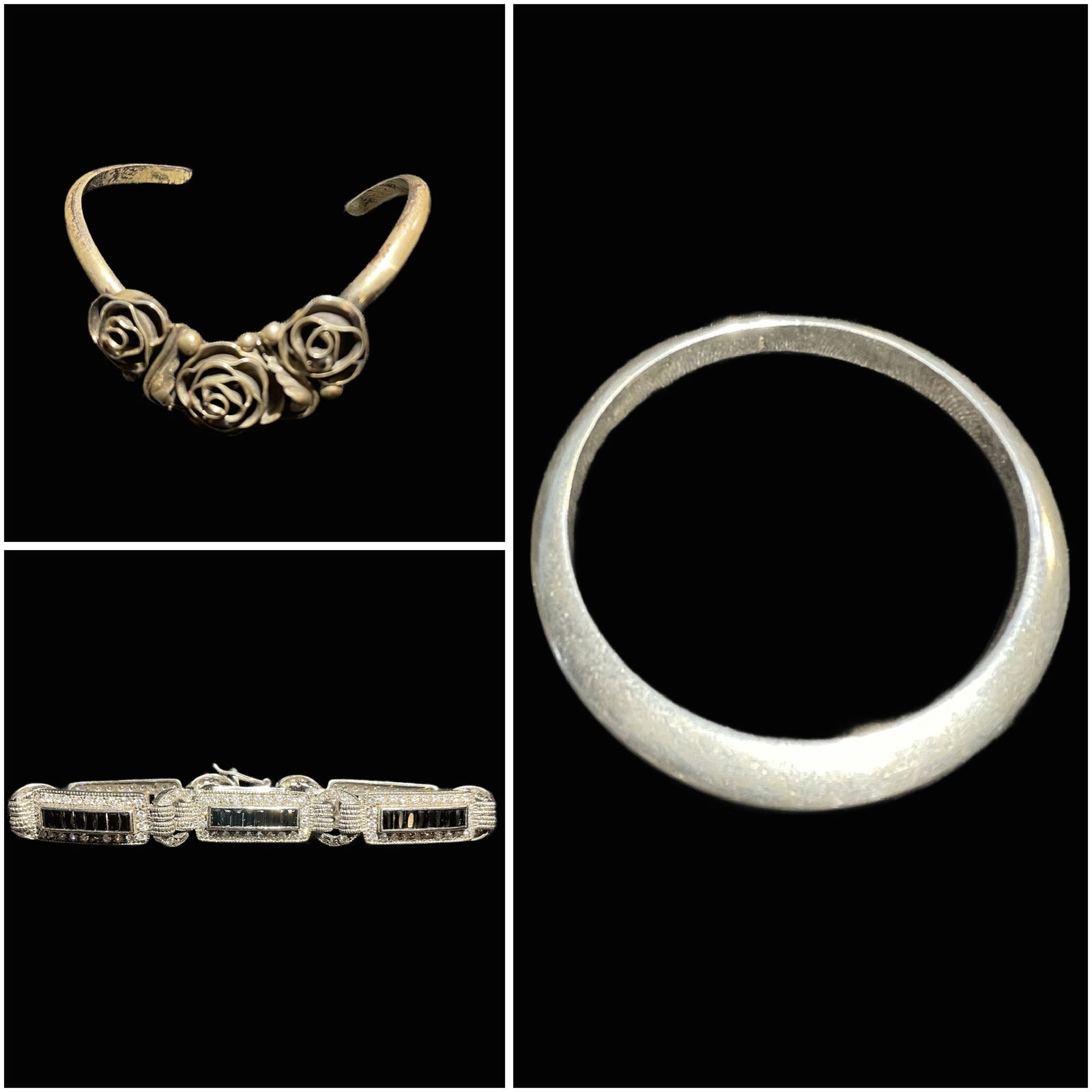 Collection of Sterling Silver Bracelets: Collection of vintage sterling silver jewelry, including a cuff bangle featuring roses and a linked bracelet with black gemstones and rhinestones.