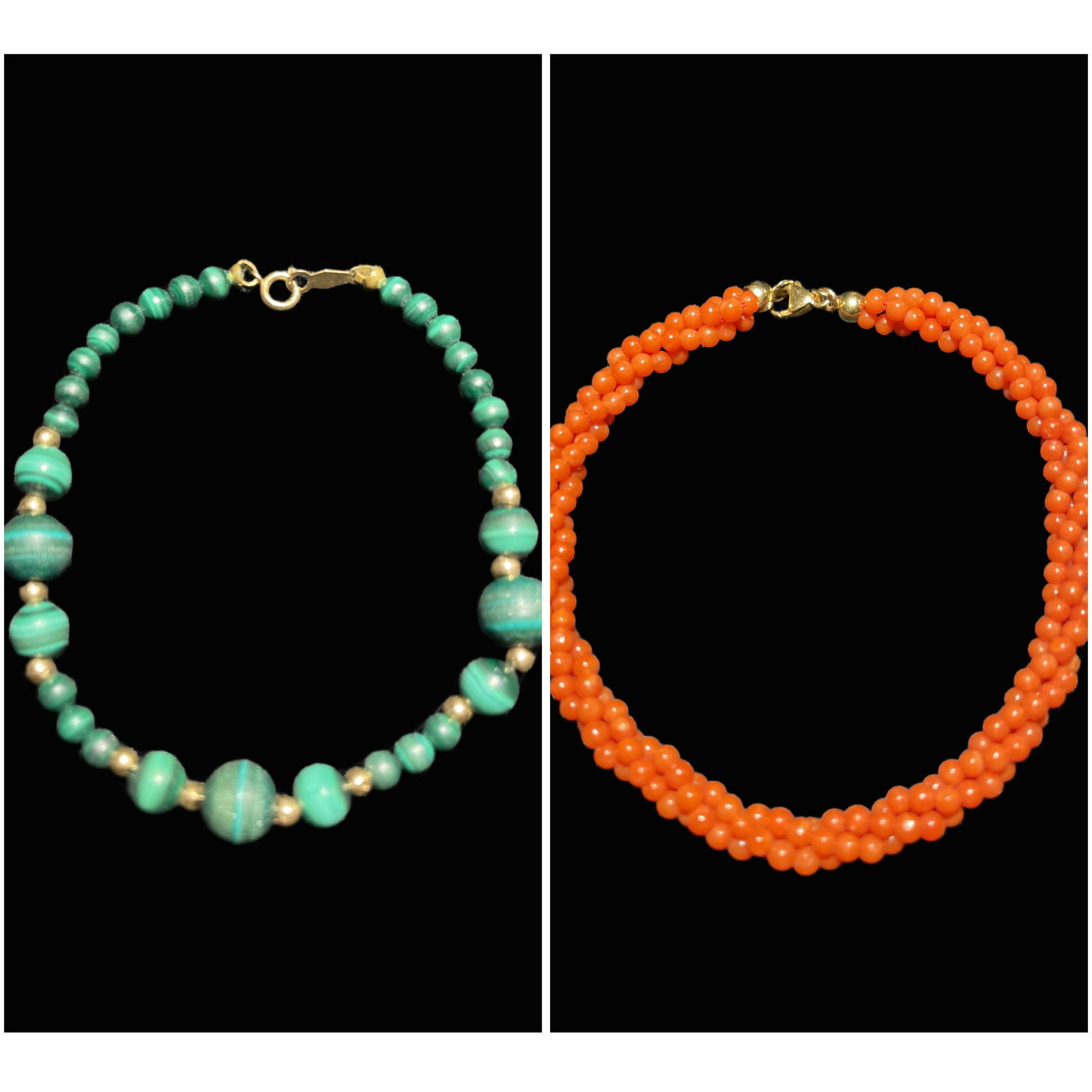 18K Gold Clasp Coral Bracelet and 14K Clasp and Beads Malachite Bracelet: Pair of Vintage fashion jewelry of beaded braceletes featuring green malachite beads and red coral beads with 14K and 18K Gold Clasps
