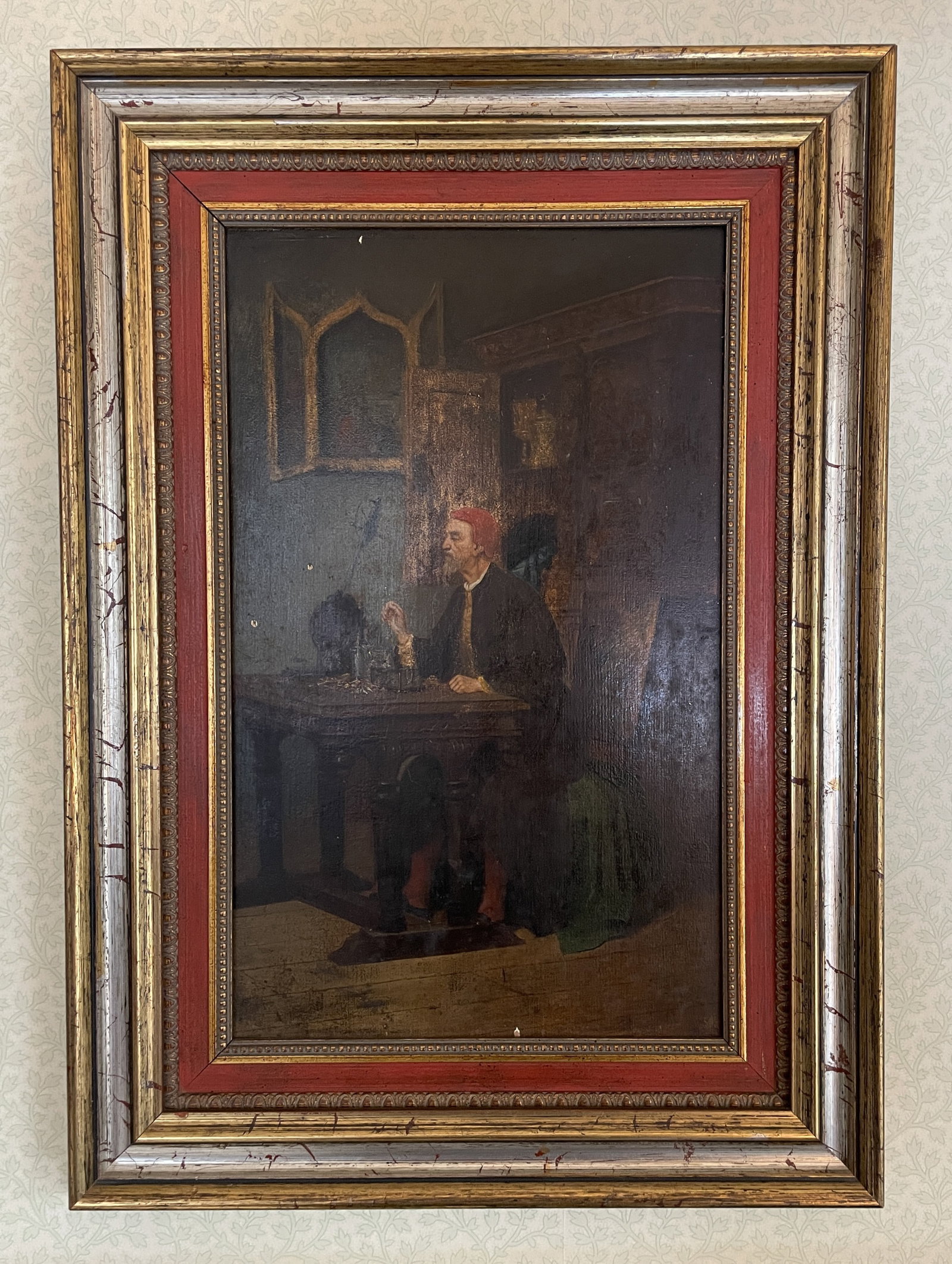 Antique "Monk" Oil Painting on Wood: Antique "Monk" Oil Painting on Wood, circa 1710, attributed to L. Roulini. Marking 0n the back indicates that it was purchased from Christie's auction in England. No purchase records available. Wood P