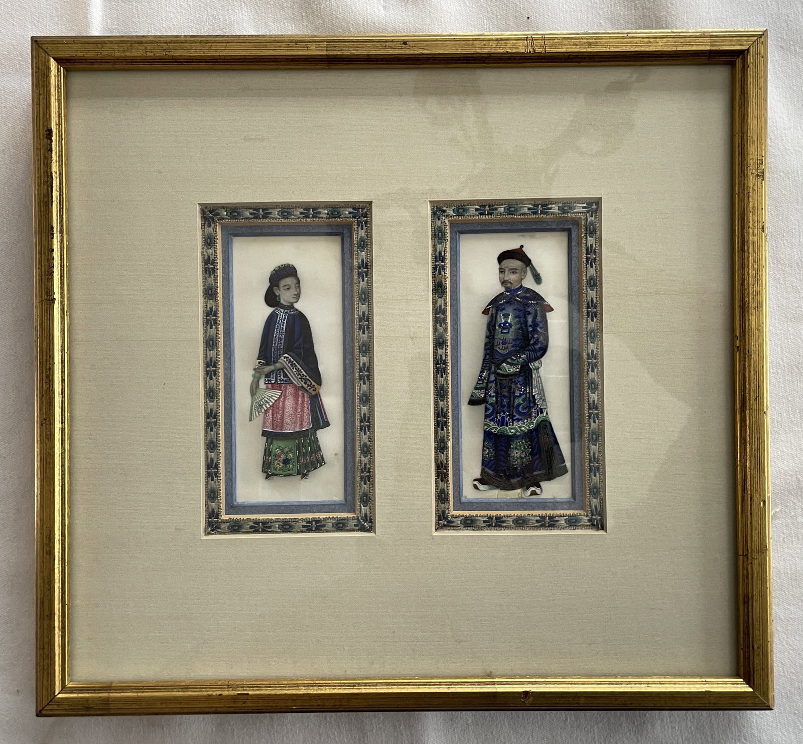 19th-century Chinese school watercolor and gouache paintings on pith paper: 19th-century Chinese school watercolor and gouache paintings on pith paper, depicting a male and female courtier or dignitaries. Technique: The portraits are created using watercolor and gouache, a me