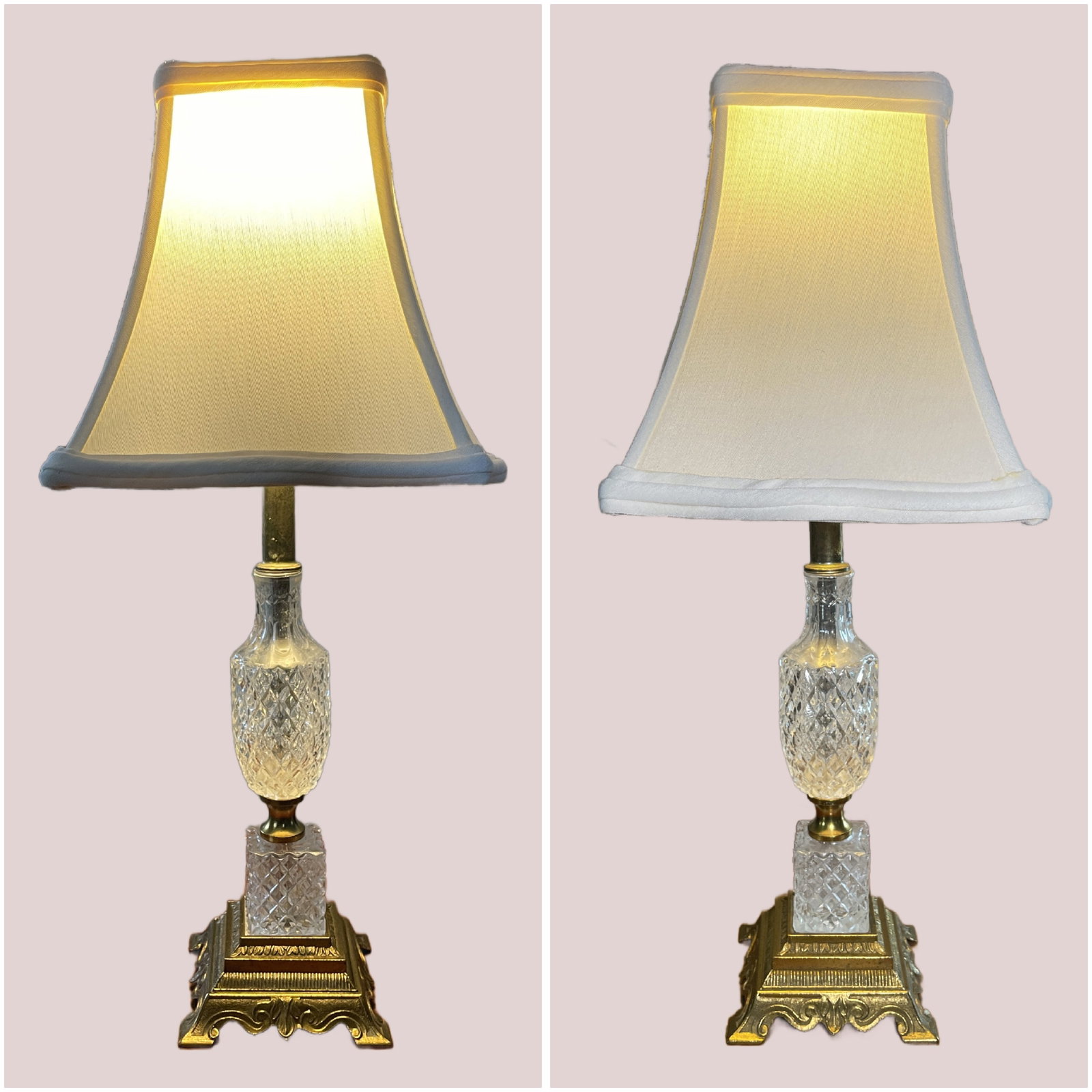 Vintage crystal table lamp from the Waterford Hospitality collection. Makers Mark not visible.: Vintage crystal table lamp from the Waterford Hospitality collection (no marking found), featuring a pineapple-shaped, diamond-cut glass body and an ornate brass base.