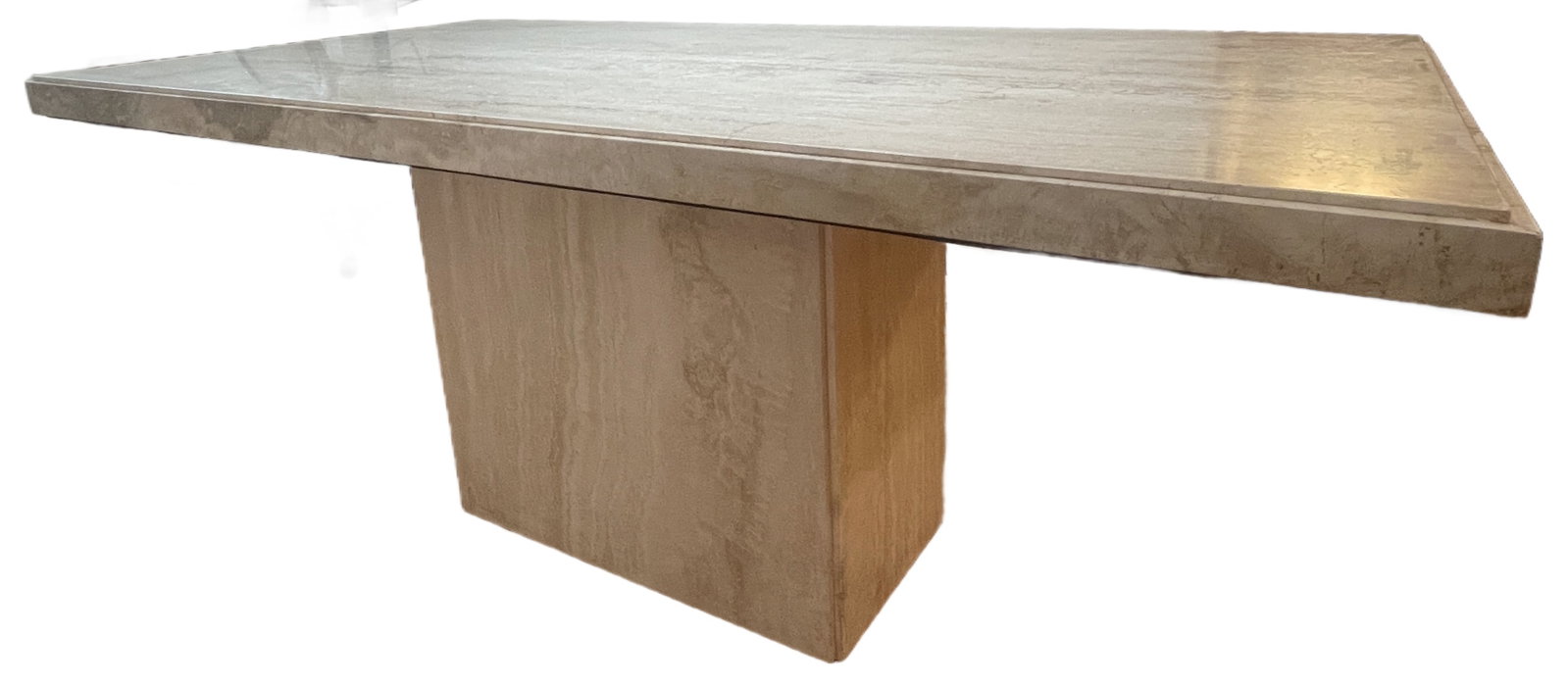 Vintage 1970s Postmodern Italian Travertine Rectangular Pedestal Dining Table: Mid-century postmodern rectangular dining table crafted entirely from natural, filled, and polished creamy beige Italian travertine stone. The table features a substantial, heavy double-thick top slab
