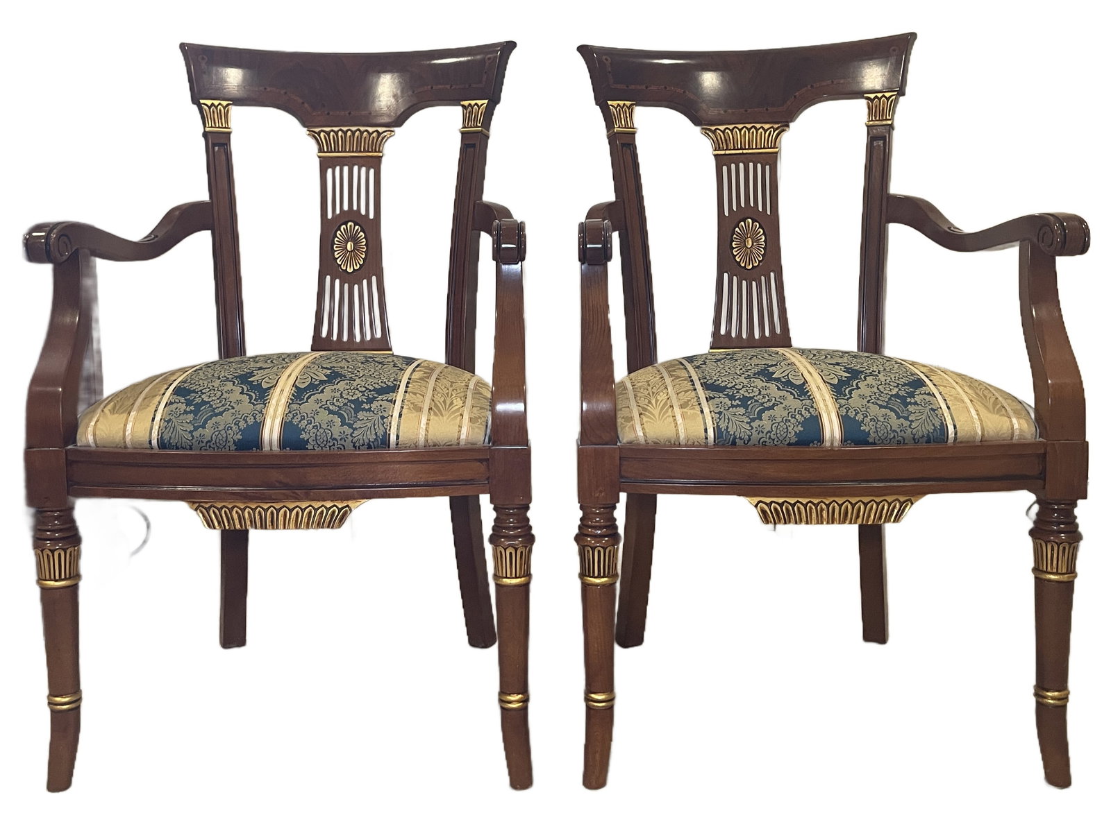 1990s Set of 2 Gold Accent Walnut Italian Arm Occasional Chairs (1 of 14)