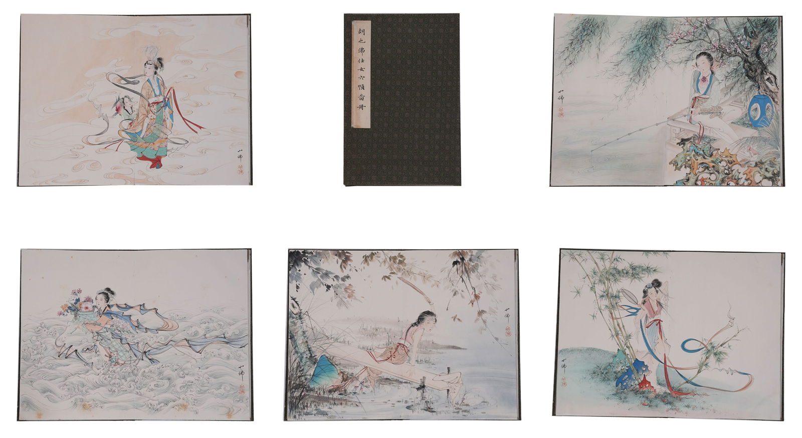 A LADY FIGURE PAINTINGS ON PAPER, ALBUM LEAVES (7 LEAVES), BY HU YEFU.胡也佛 (1 of 9)