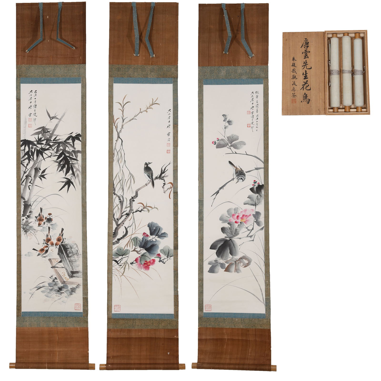 A FLOWER-AND-BIRD PAINTINGS ON PAPER (3 WORKS) BY TANG YUN.唐雲 (1 of 20)