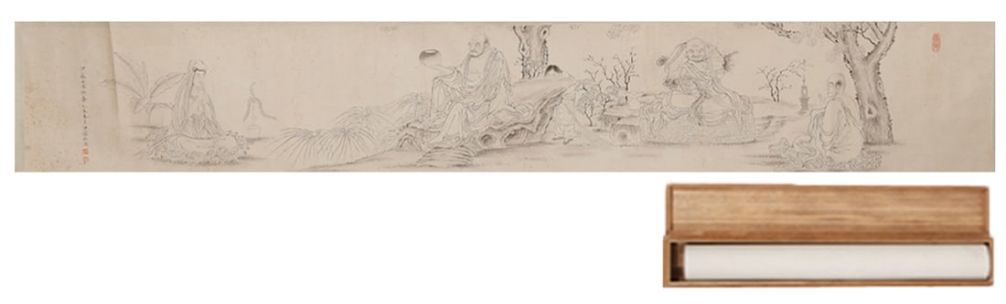 A GUANYIN AND ARHAT PAINTING ON PAPER (MOUNTED AS A HANGING HEART) BY PU RU.溥儒: Guanyin and Arhat Painting on Paper (Mounted as a Hanging Heart) by Pu Ru.溥儒