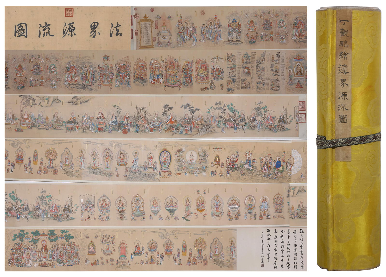 A DIAGRAM OF THE SOURCE AND FLOW OF THE DHARMA REALM ON SILK (HANDSCROLL) BY DING GUANPENG.丁: Diagram of the Source and Flow of the Dharma Realm on Silk (Handscroll) by Ding Guanpeng.丁觀鵬