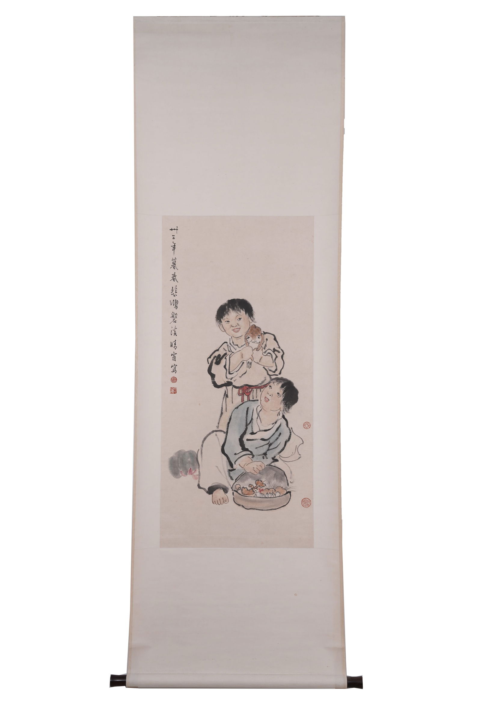 A LIU HAI PLAYING WITH THE GOLDEN TOAD PAINTING ON PAPER BY XU BEIHONG.徐悲鴻: Liu Hai playing with the golden toad painting on paper by Xu Beihong.徐悲鴻