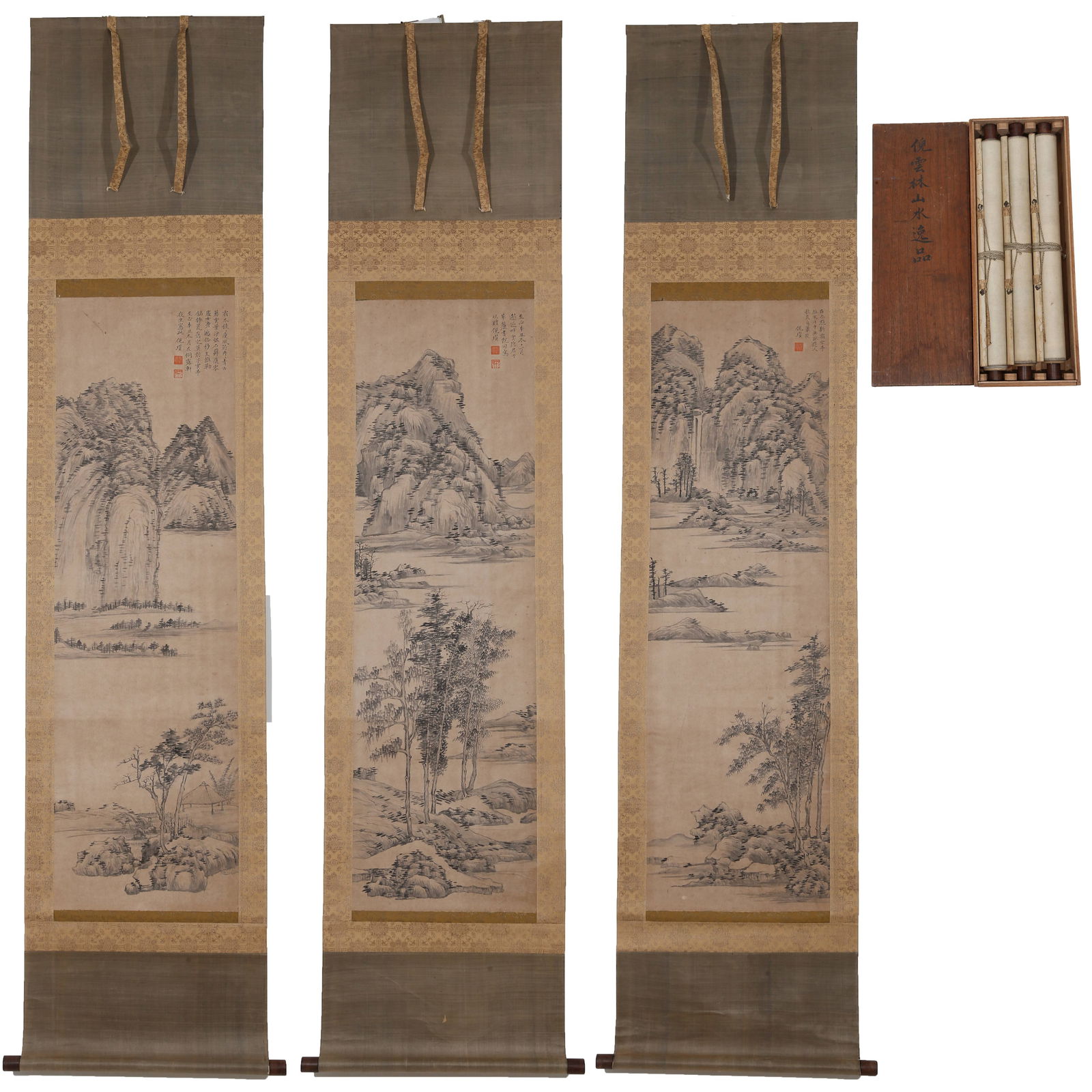 A LANDSCAPE PAINTINGS ON PAPER (3 WORKS) BY NI ZAN.倪瓚 (1 of 20)