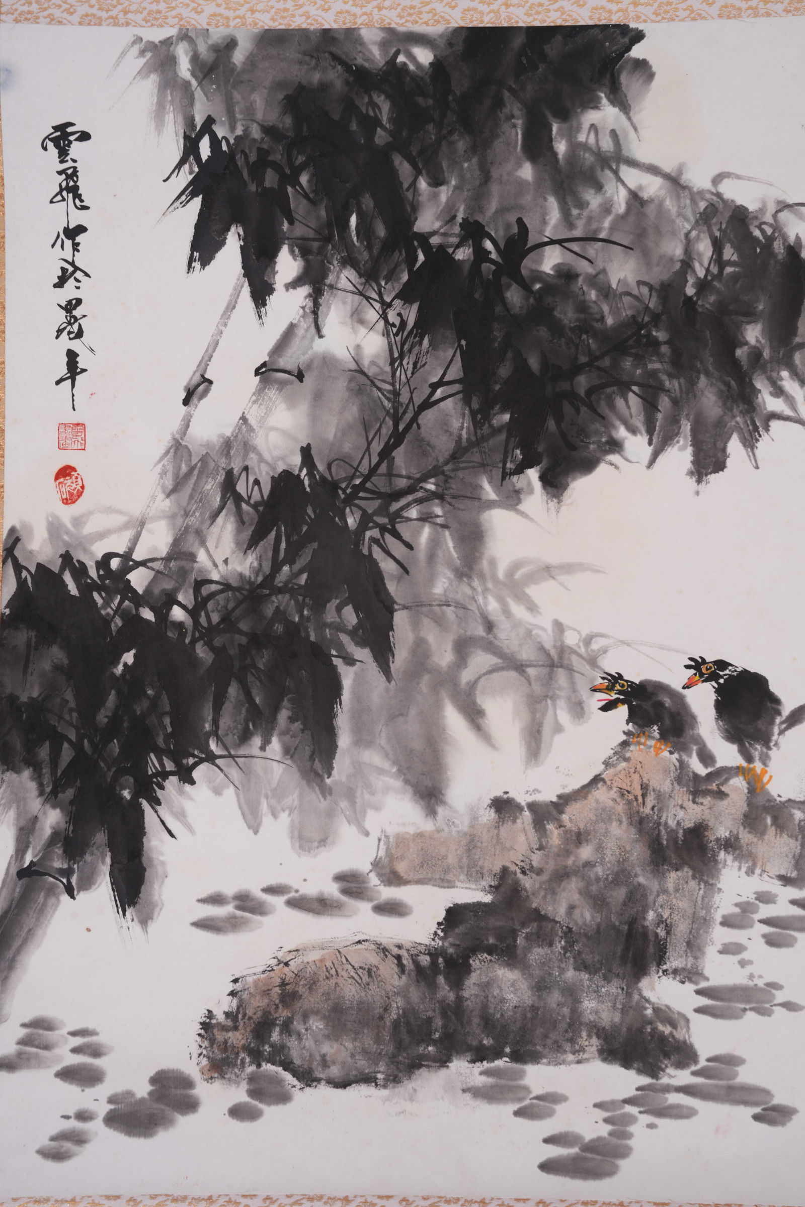 A BAMBOO, ROCK, AND BIRD PAINTING ON PAPER: Bamboo, rock, and bird painting on paper