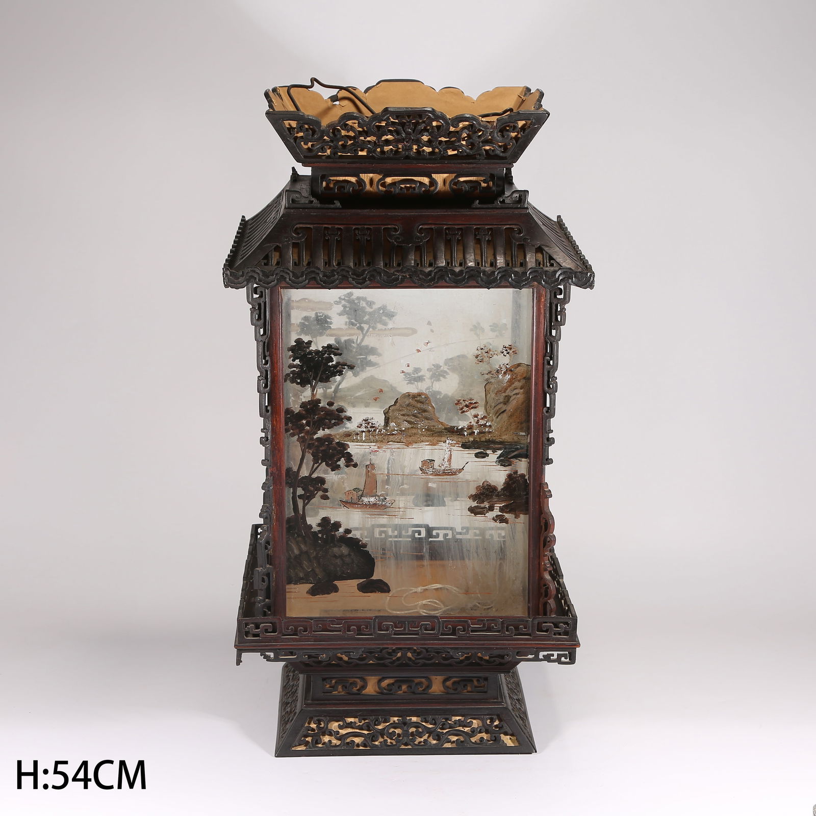 A ZITAN WOOD LAMPSHADE INLAID WITH GLASS DEPICTING LANDSCAPE AND FIGURE STORY (1 of 9)