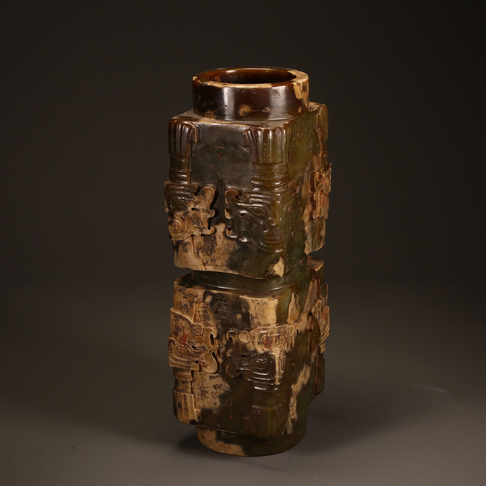 A ANCIENT JADE CONG WITH DIVINE HUMAN FACE, JIAHE CULTURE (1 of 9)