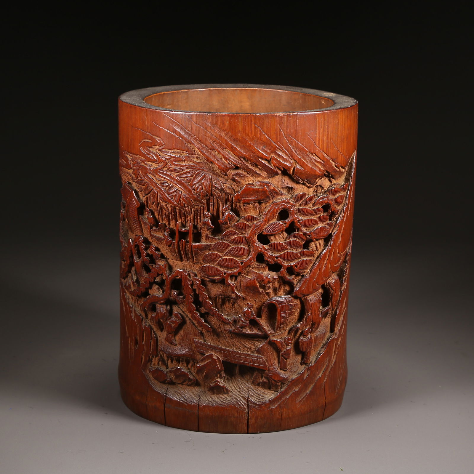 A QING DYNASTY CARVED BAMBOO ROOT BRUSH POT WITH LANDSCAPE AND FIGURE STORY (1 of 8)