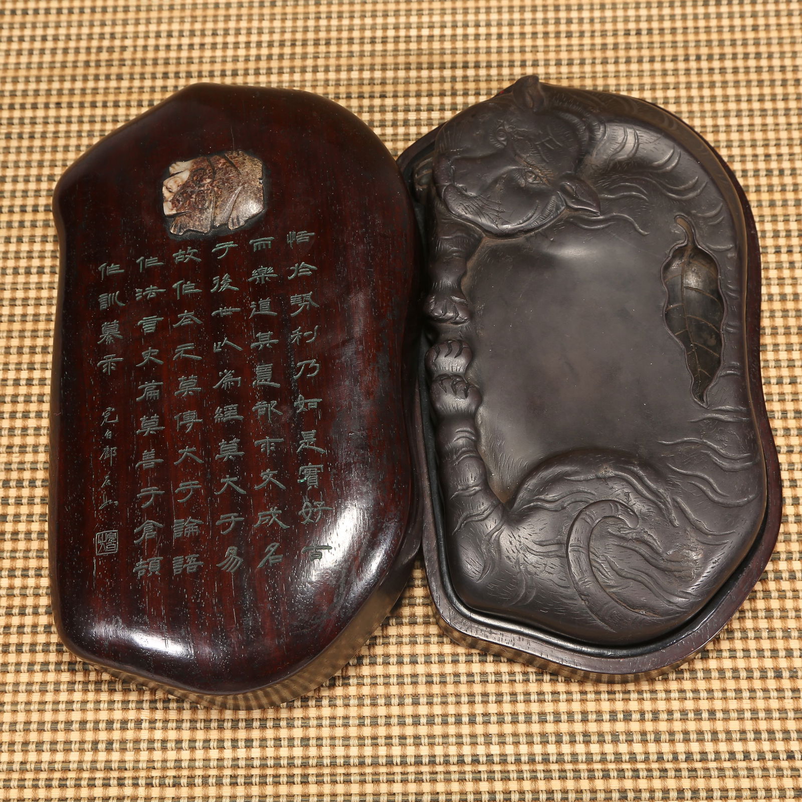 A QING DYNASTY DUAN STONE "CROUCHING TIGER" INKSTONE (1 of 8)