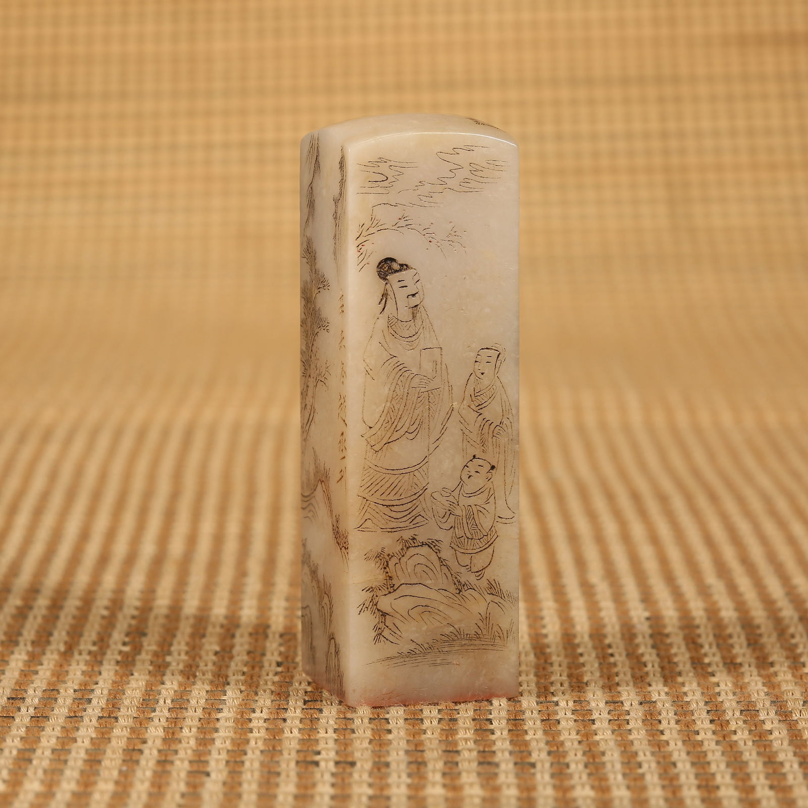 A REPUBLIC OF CHINA SHOUSHAN STONE SEAL WITH LANDSCAPE AND FIGURES BY ZHANG YUECHENG: Republic of China Shoushan Stone Seal with Landscape and Figures by Zhang Yuecheng