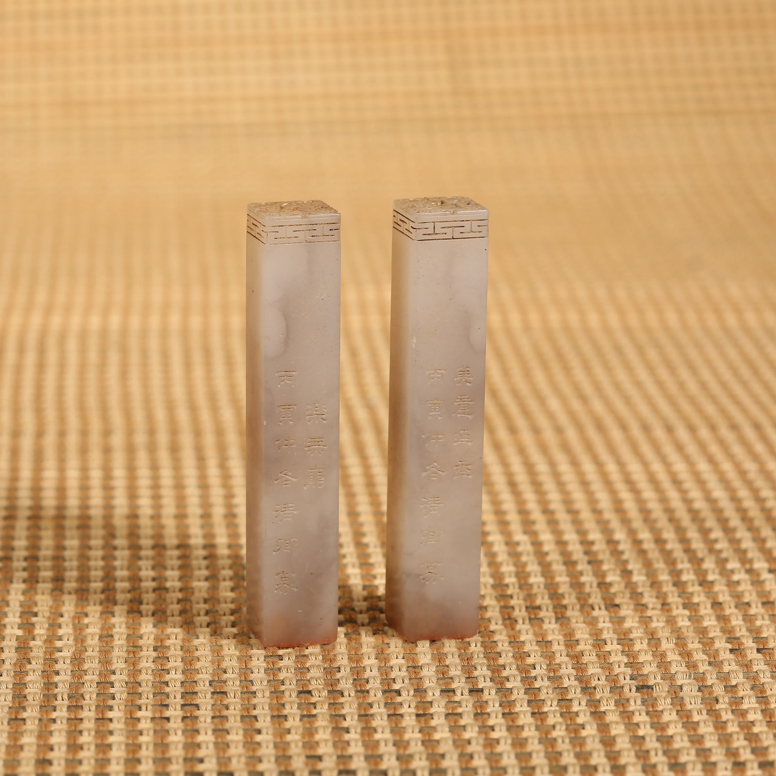 A QING DYNASTY PAIR OF SHOUSHAN STONE SEALS BY WU DACHENG (1 of 9)